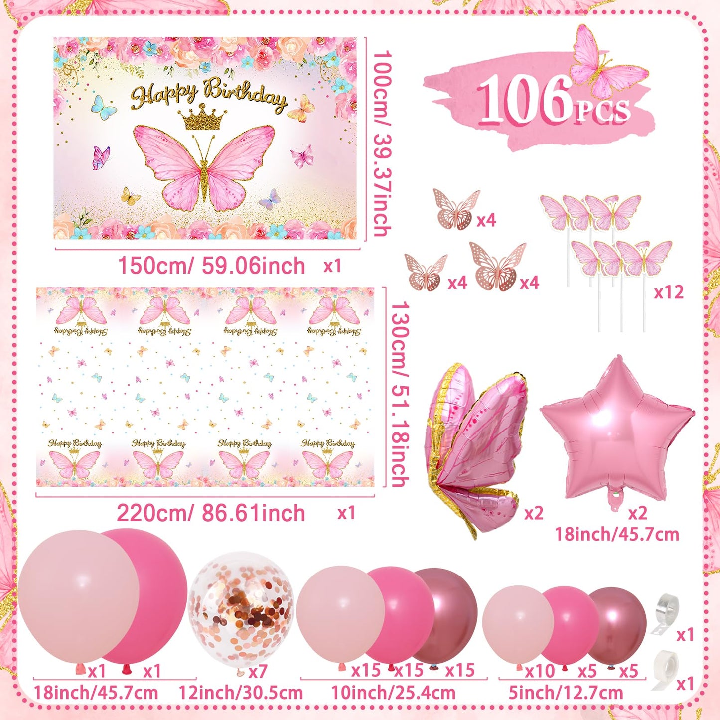Pink Balloon Arch Kit with Foil Butterfly Balloons, Happy Birthday Backdrop & Tablecloth Decorations for Girl's Party - 106 Supplies
