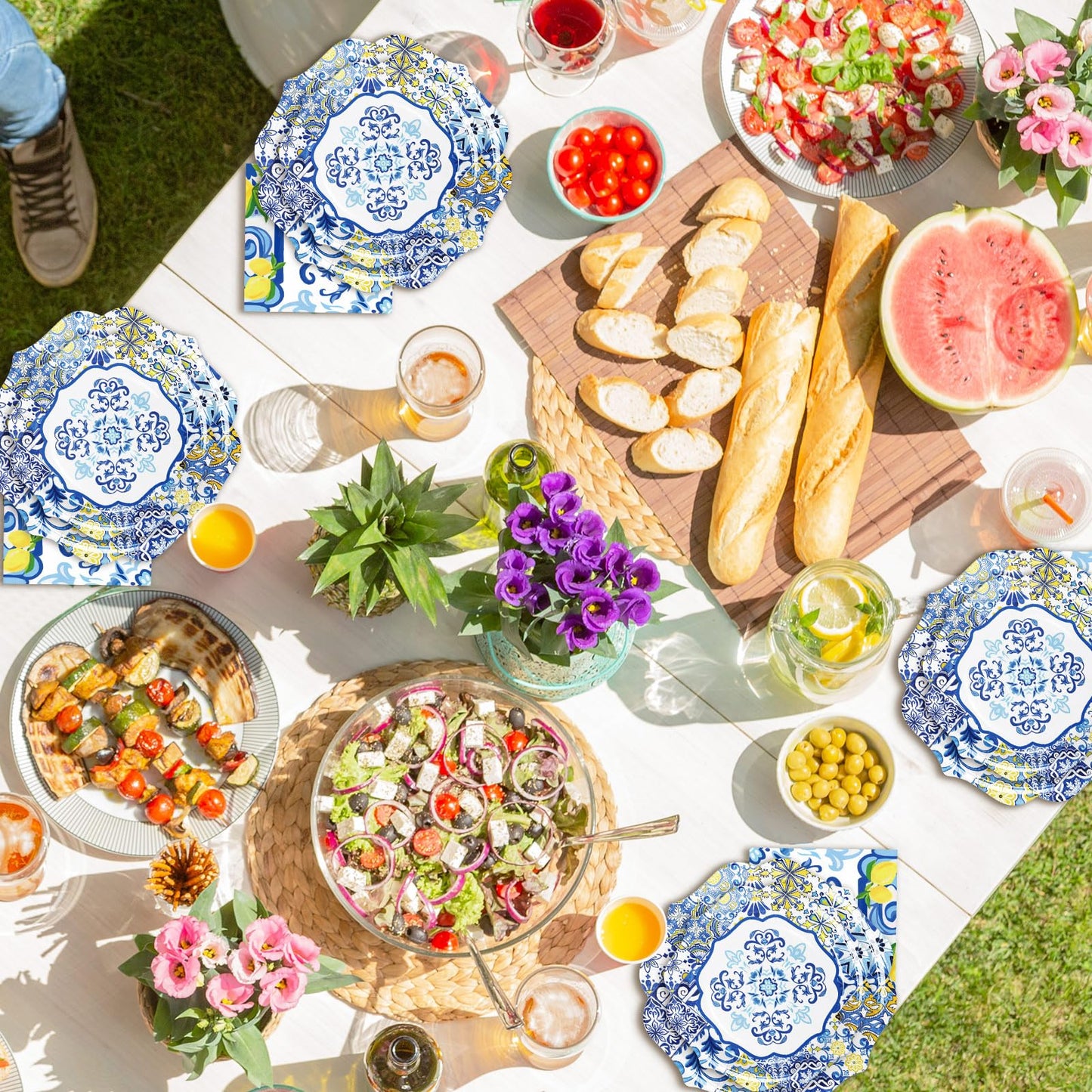 Whaline 96Pcs Capri Lemon Tableware Set Blue Tiles Yellow Lemon Disposable Dinnerware 24 10'' Plates 24 7'' Plates 24 Napkins 24 9oz Cups for Summer Birthday Party, Serves 24