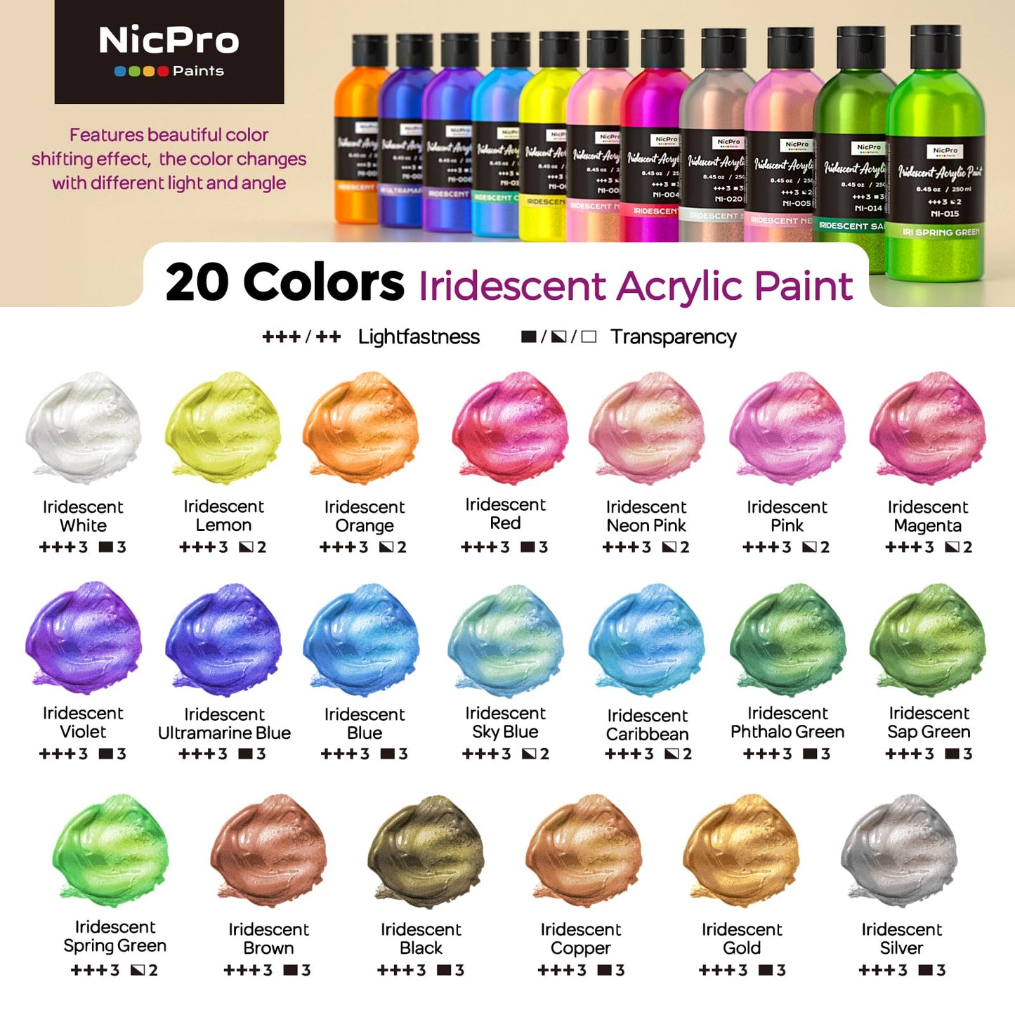 Nicpro 20 Colors Iridescent Acrylic Paint, 8.45oz/250ml Large Bulk Metallic Acrylic Paint, Non-Toxic Art Painting Supplies For Halloween Canvas Fabric Rock Wood with Paint Knife Color Wheel