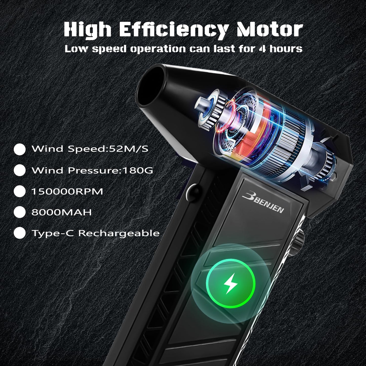 BENJEN Compressed Air Duster-150000RPM Electric Air Duster for Cleaning Keyboard & PC Infinitely Adjustable Speed Cordless Turbo Fan Turbo Dryer Blower for Car, Air Bed, Outdoors, Home.