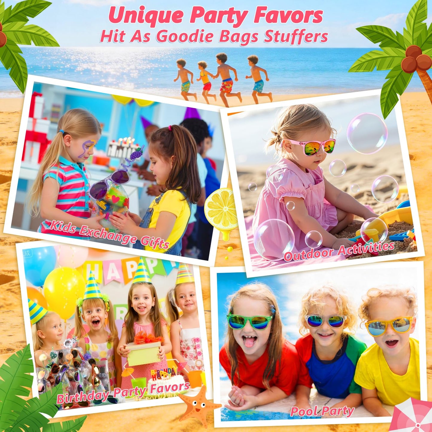 Rugort Kids Sunglasses 32 Bulk Party Favors, Toddler Boys Girls Age 3-8 Birthday Favor Summer Goodie Bags Stuffers, Neon Sunglass with UV 400 Protection for Students Valentines Easter Day Gifts