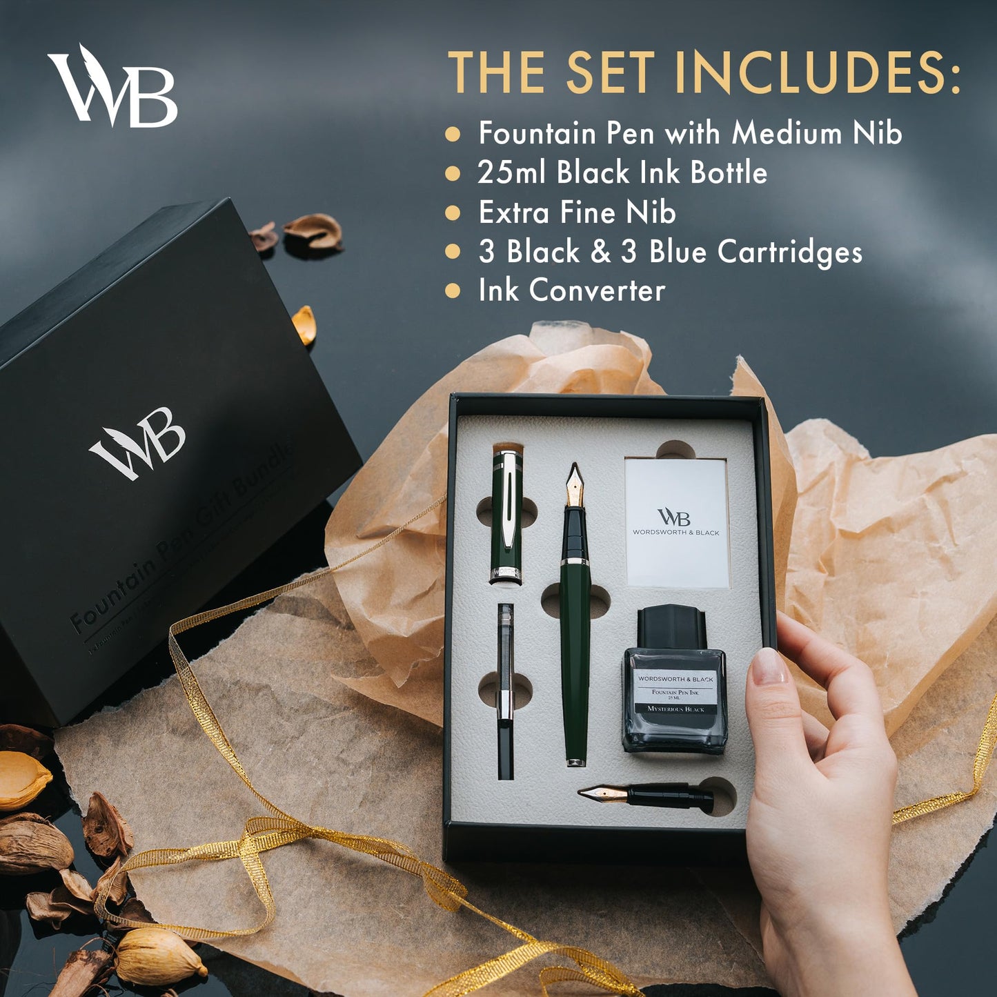 Wordsworth & Black Fountain Pen Set,18K Gilded Medium and Extra Fine Nib,25ML Black Ink Bottle,6 Ink Cartridges,Refill Converter,Gift Box,Smooth Writing Pens [Green Chrome],Gift Set for Men and Women