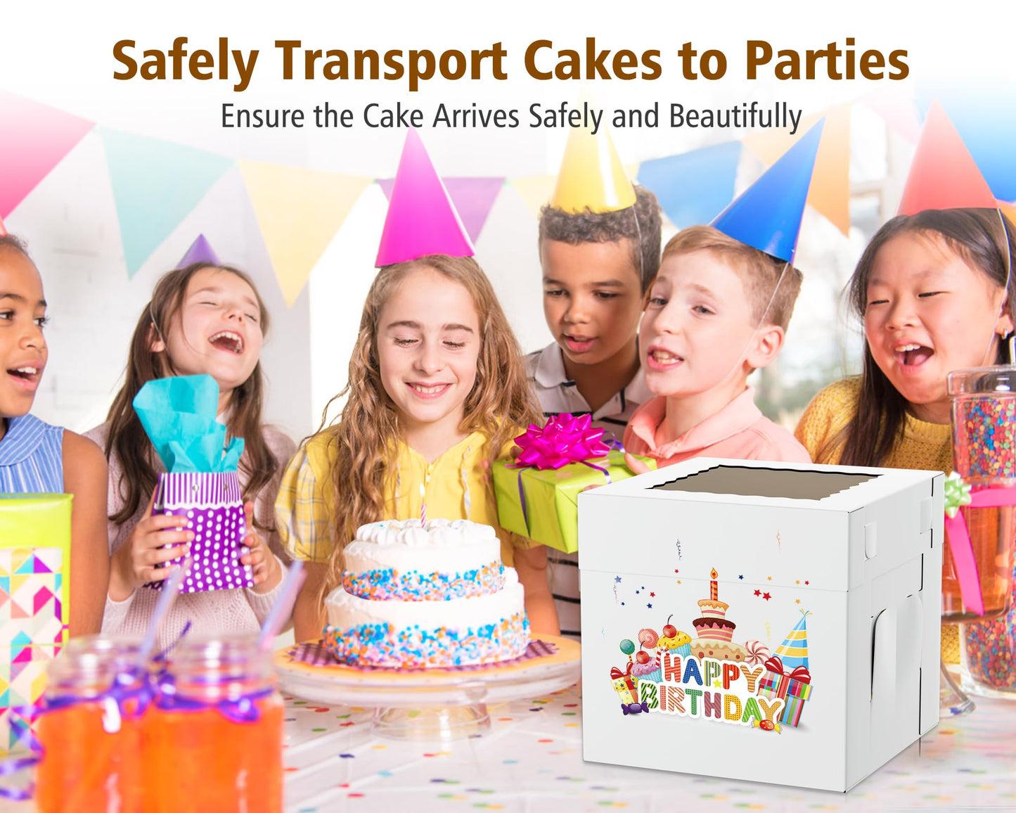 10Pcs Corrugated Cake Boxes in 2 Sizes - 12x12x12 & 10x10x10 Inch Tall Cake Box with Window, Thick Bakery Dessert Boxes, Disposable Cardboard Cake Carrier for Layer Cakes, Birthday, Wedding, Party