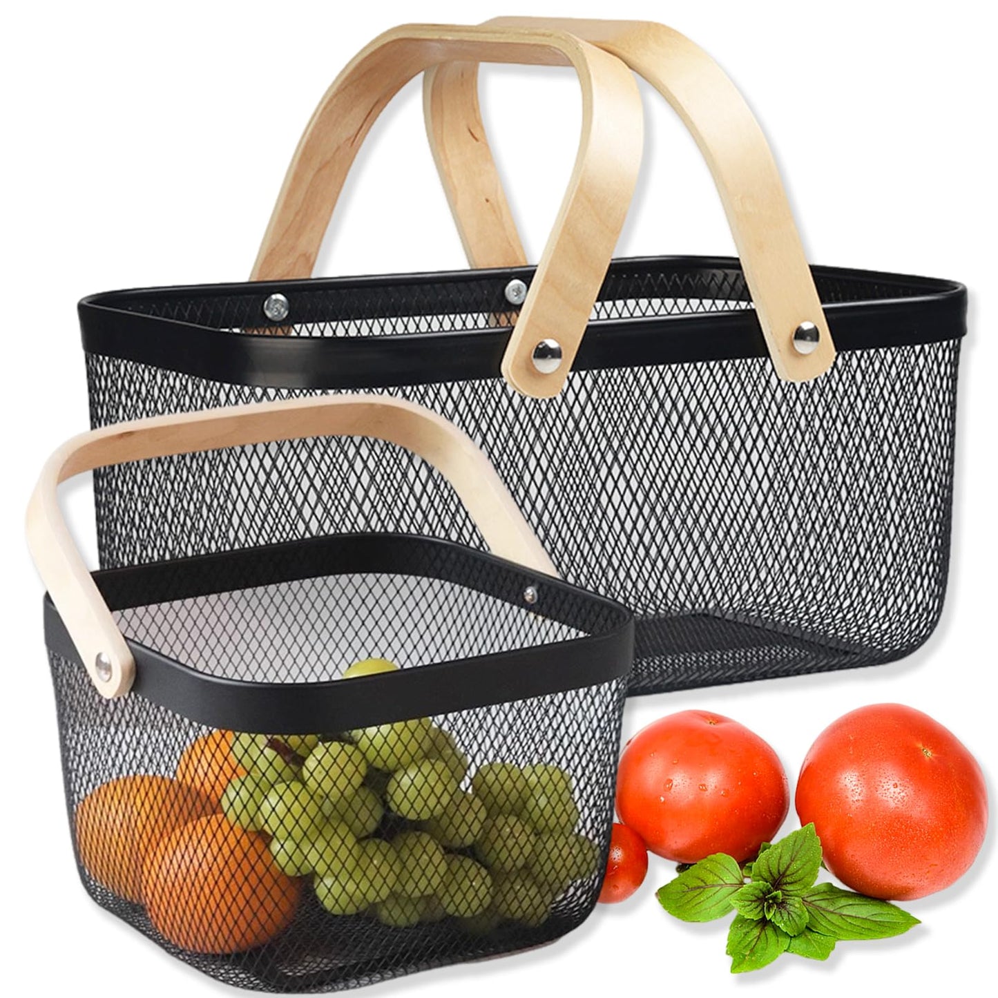 Cheardia 2 Pack Picnic Baskets, Metal Mesh Harvest Basket with Foldable Wooden Handle, Rectangle Garden Storage Basket Bin for Vegetable Fruit Garden Kitchen Cabinet Picking Gathering, Black