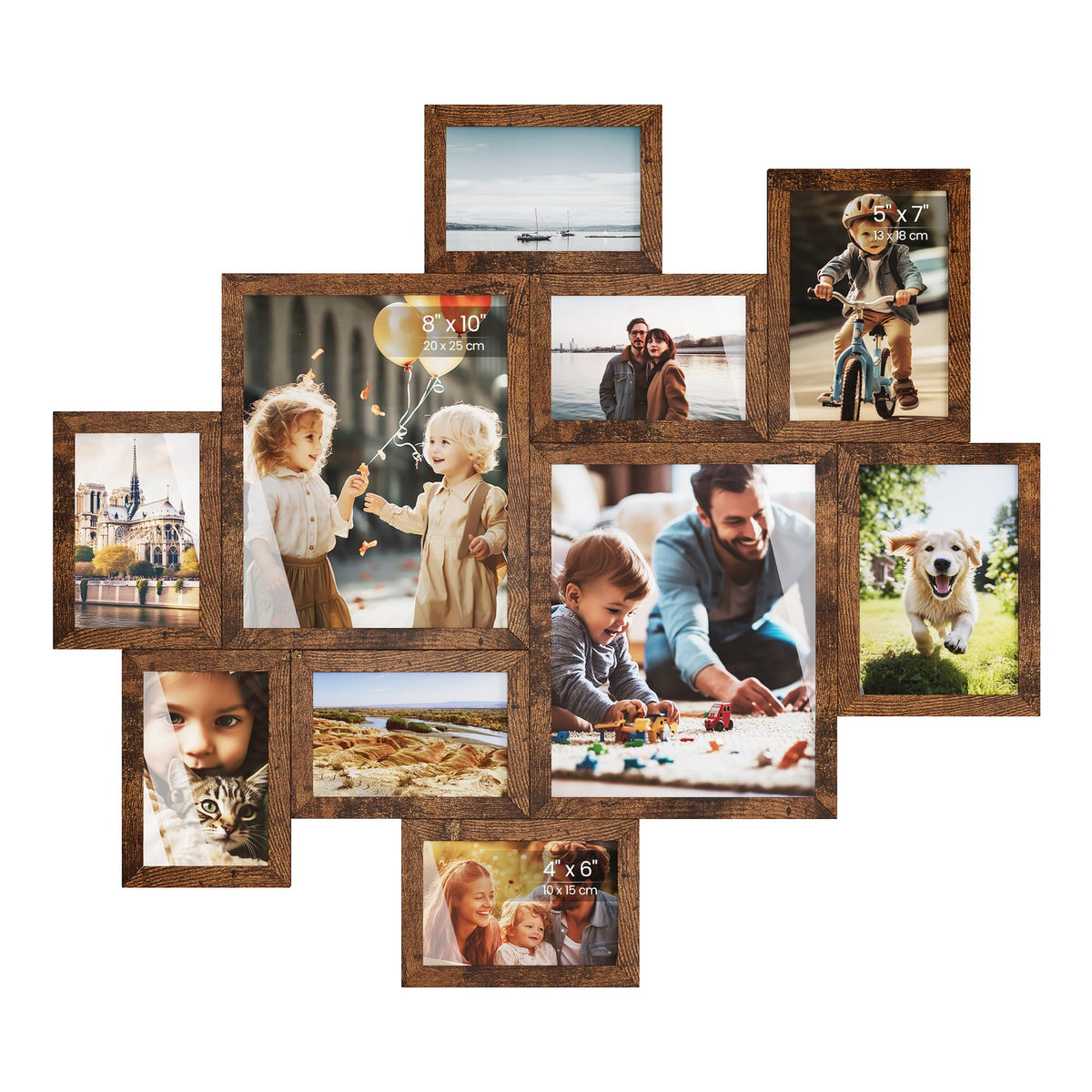 SONGMICS Picture Frames, Collage Photo Frames Set of 10, Two 8x10, Four 5x7, Four 4x6, Wall Gallery or Table Display, Tool-Free Assembly, Rustic Brown URPF100MZ01