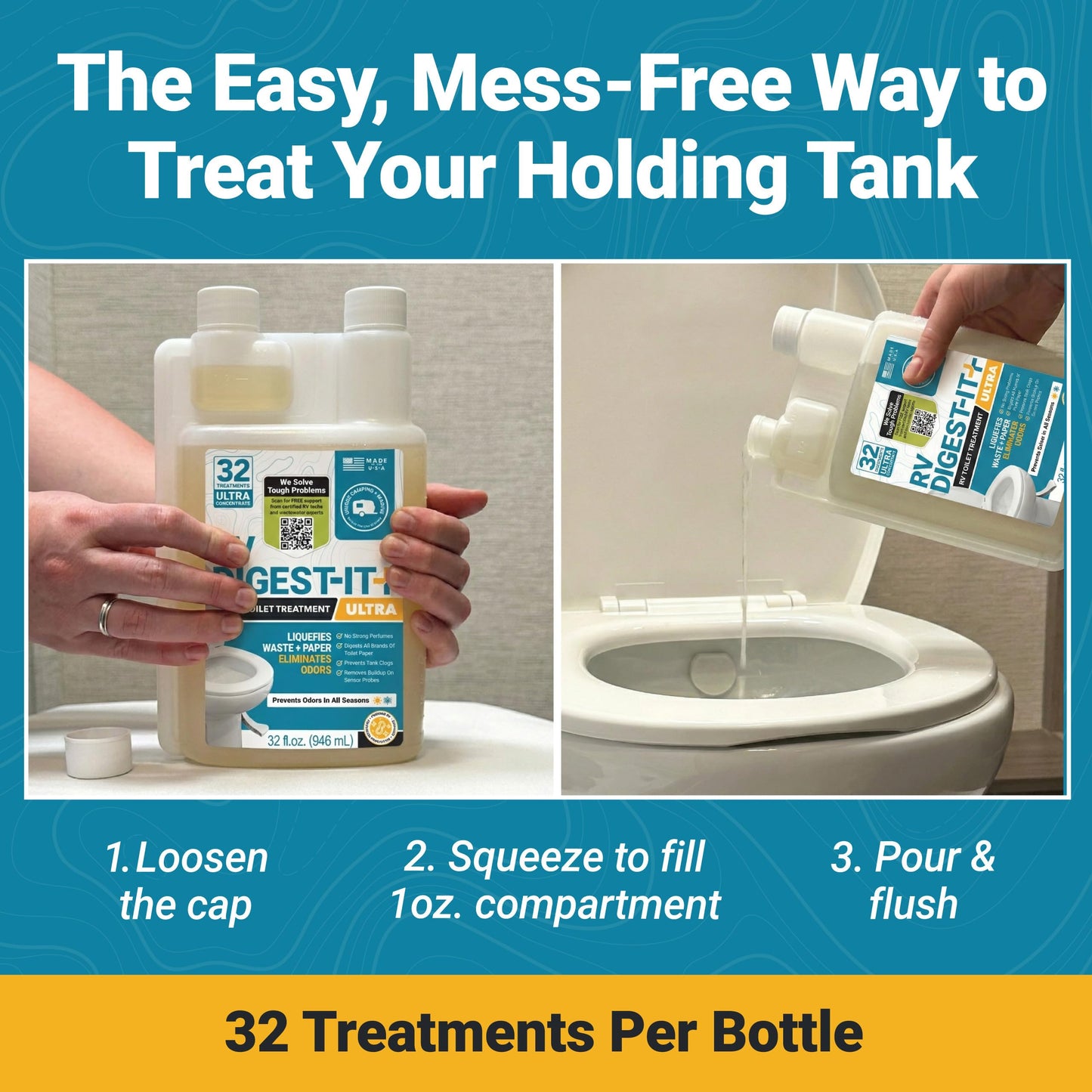 Unique RV Digest-It Ultra RV Toilet Treatment, 32 Uses, Super Concentrated, Eliminates Smells, Liquifies Waste, Easy-Measure Preventive Bio-Enzymatic Holding Tank Treatment, Package May Vary (32 oz)
