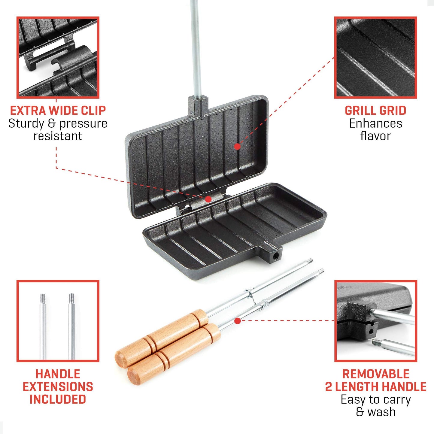 Uno Casa Cast Iron Pie Iron - Campfire Pie Iron Sandwich Maker with Detachable/Extendable Handles, Camping Mountain Pie Iron - Pre-Seasoned Cast Iron Camp Cooker