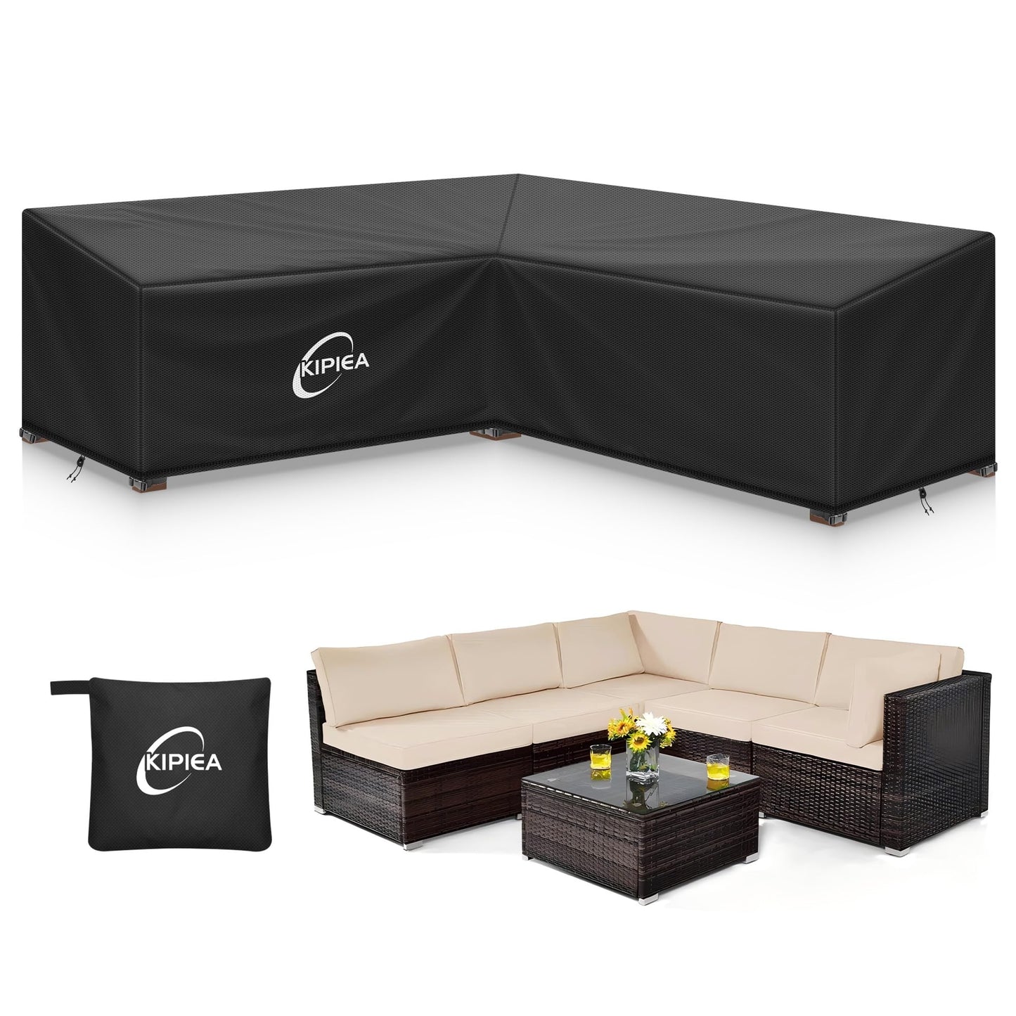 Kipiea 600D V-Shape Outdoor Patio Furniture Covers Waterproof, Outdoor Sectional Cover Windproof, Patio Sectional Sofa Cover Anti-UV, No Tears & No Fading (85"/85"L x 33.5"D x 31"H) Black