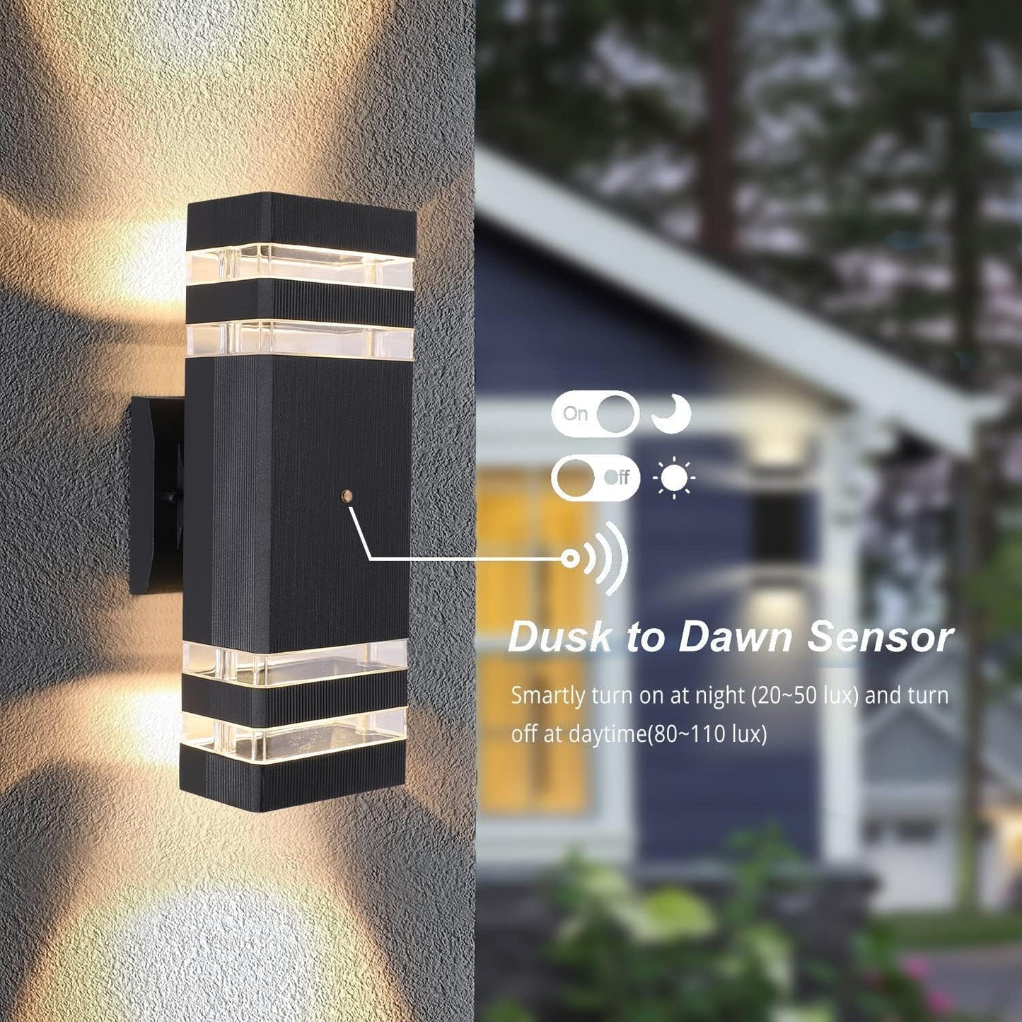RETRELMP Outdoor Wall Lights with Dusk to Dawn Sensor, Up Down Exterior Lighting Fixtures Wall Mount, LED Square Porch Wall Sconce Black Front Door Wall Lamps for Hallway Patio Garage 3 Pack