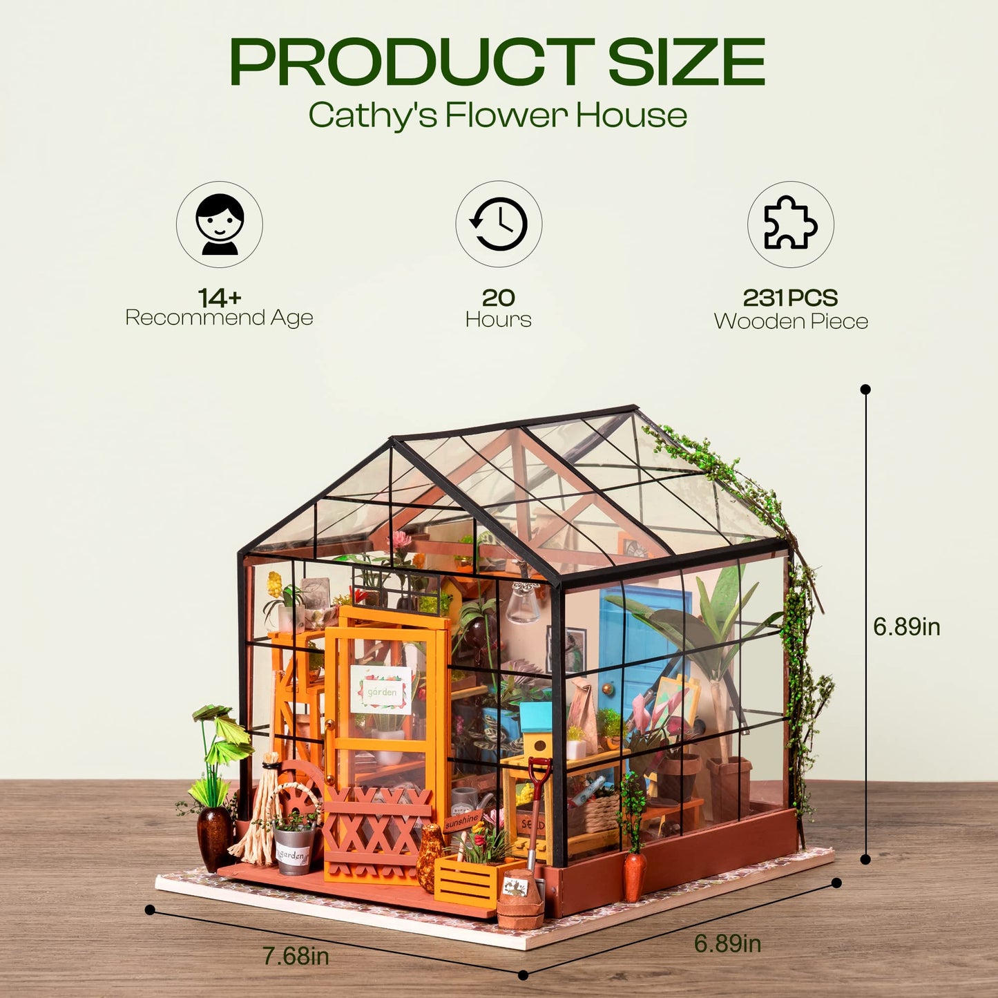 ROBOTIME DIY Dollhouse Wooden Miniature Furniture Kit Mini Green House with LED Best Birthday Gifts for Boys & Girls