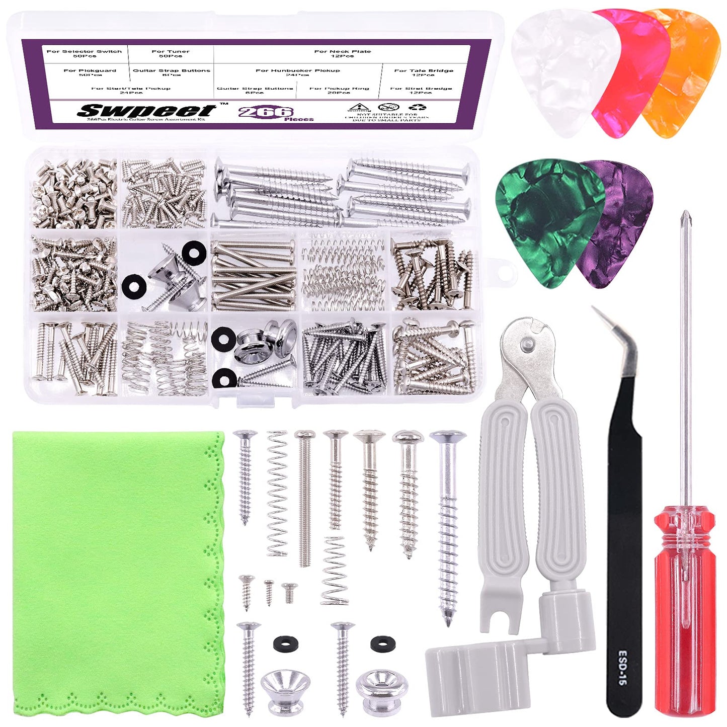 Swpeet 263Pcs Electric Guitar Screw Kit (9 Types) With Springs, String Winder, Screwdriver, Tweezers, 0.75mm Pick for Bridge