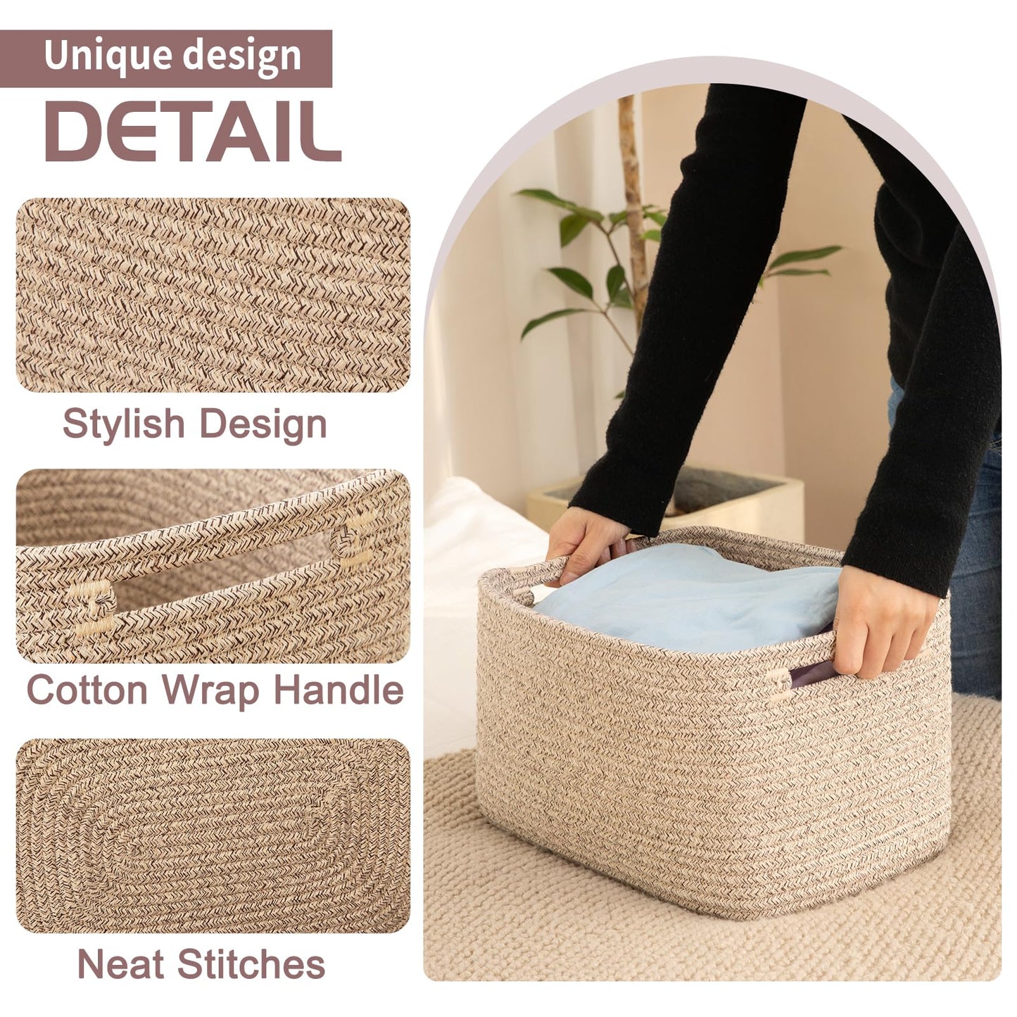 OIAHOMY 4 Pack Storage Baskets for Organizing, Rectangle Cube Storage Bins for Shelves, Woven Baskets With Handles, 12.7''Lx9''Wx7.8''H, Brown,
