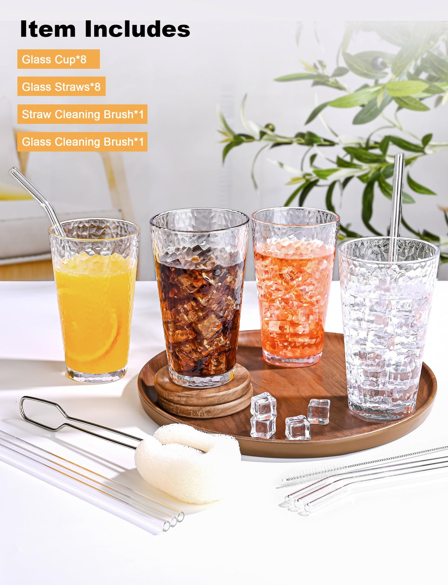 AMYOOLE Drinking Glasses Set of 8,16oz Clear Highball Water Glasses,Stackable Lead-Free Hammered Glass Cups,Kitchen Drinkware Glassware for Cocktail,Beer,Juice,Iced Tea,Margaritas and Mixed Drinks
