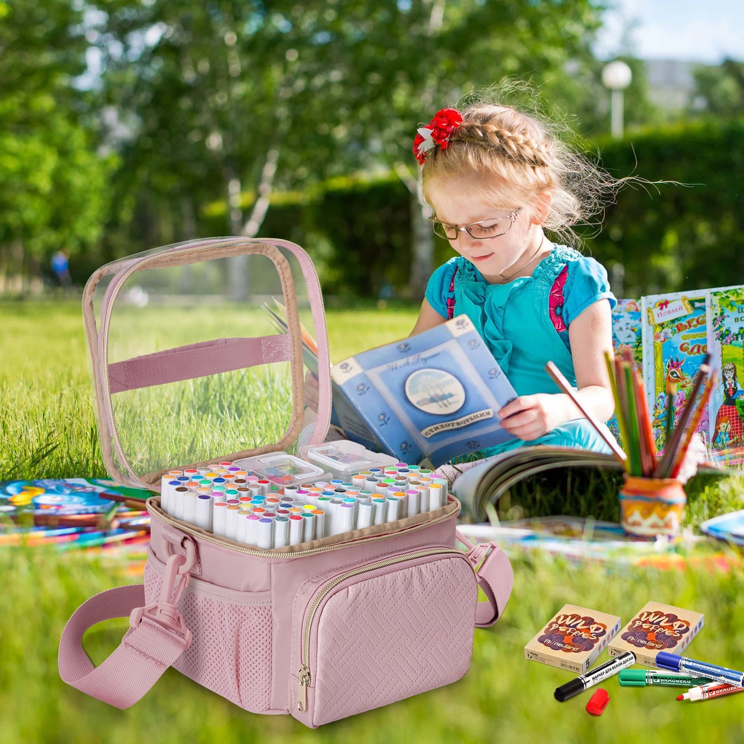 Rexmica Markers Organizer Case for 100 Markers, Markers Storage Organizer Bag with Divider and Shoulder Strap, Marker Pen Travel Carrying Case with 3 Pockets, Pink (Patented Design)