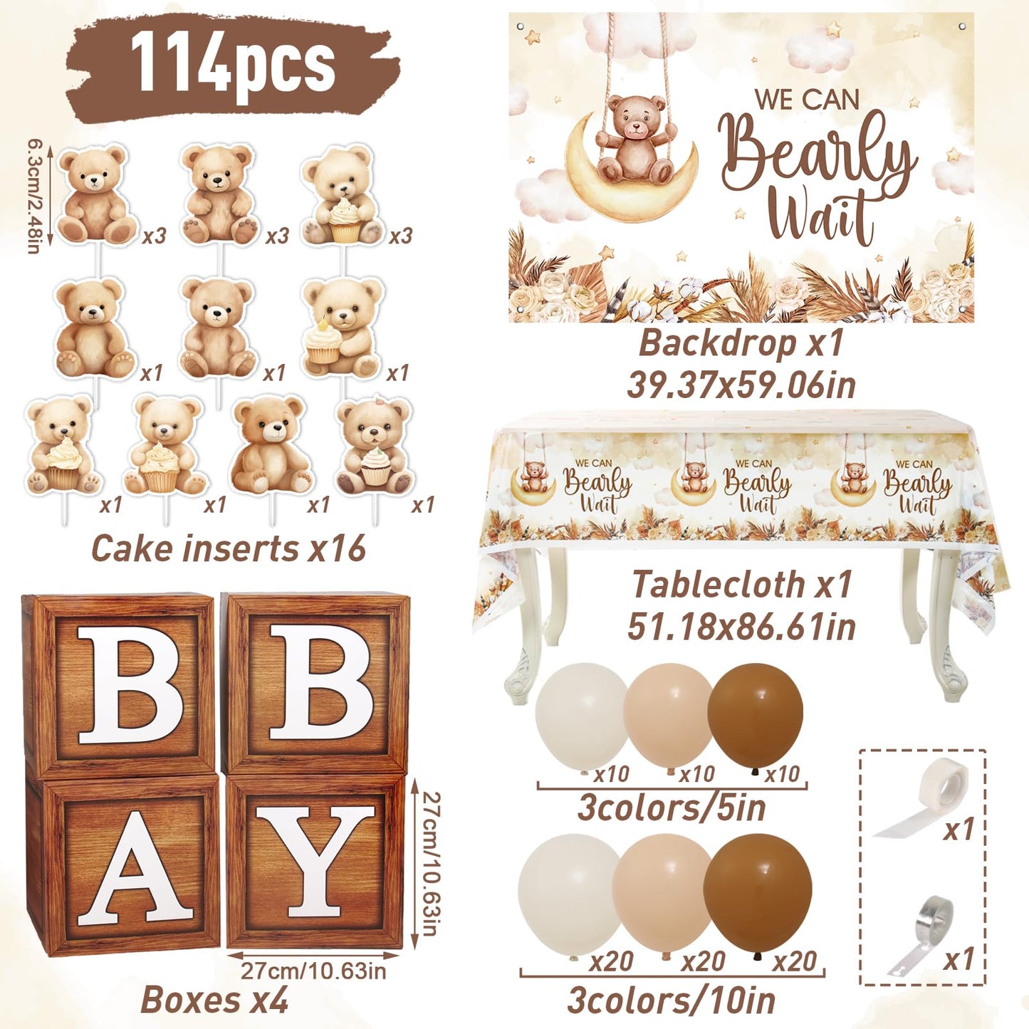 DataMoon Boho Baby Shower Decorations for Neutral Gender Baby,Baby Boxes with Letters,Boho Balloons,We Can Bearly Wait Backdrop,Cake Topper,Tablecloth for Baby Shower,Gender Reveal Party Supplies