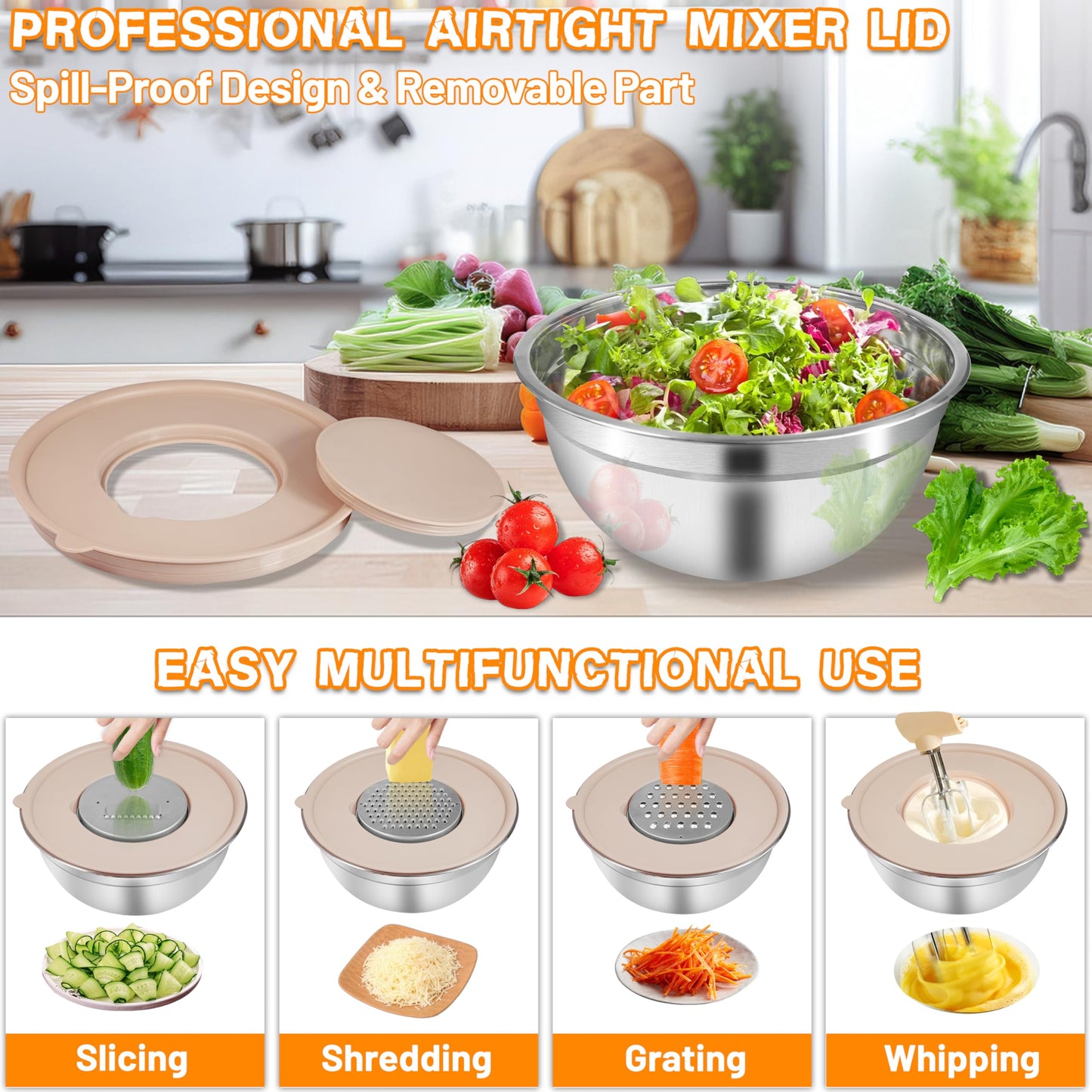 Mixing Bowls with Airtight Lids for Kitchen, 7 Piece Stainless Steel Metal Nesting Storage Bowls, 3 Grater Attachments, Size 4.5, 3.6, 2.7, 2.1,1.7, 1.1,0.7QT for Mixing, Baking & Serving Food