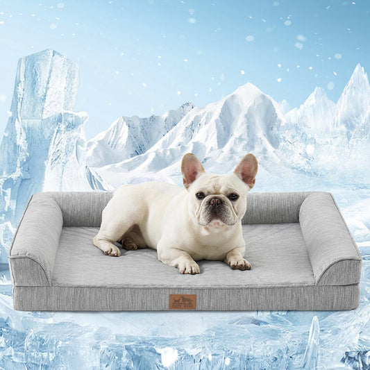 Cooling Dog Bed, Orthopedic Memory Foam Dog Bed with Sides, Comfy Pet Bed with Washable Cover, Waterproof Lining and Nonskid Bottom, Cooling Bed for Medium Dog, Silver Grey (36" L x 27" W x 6.5" Th)