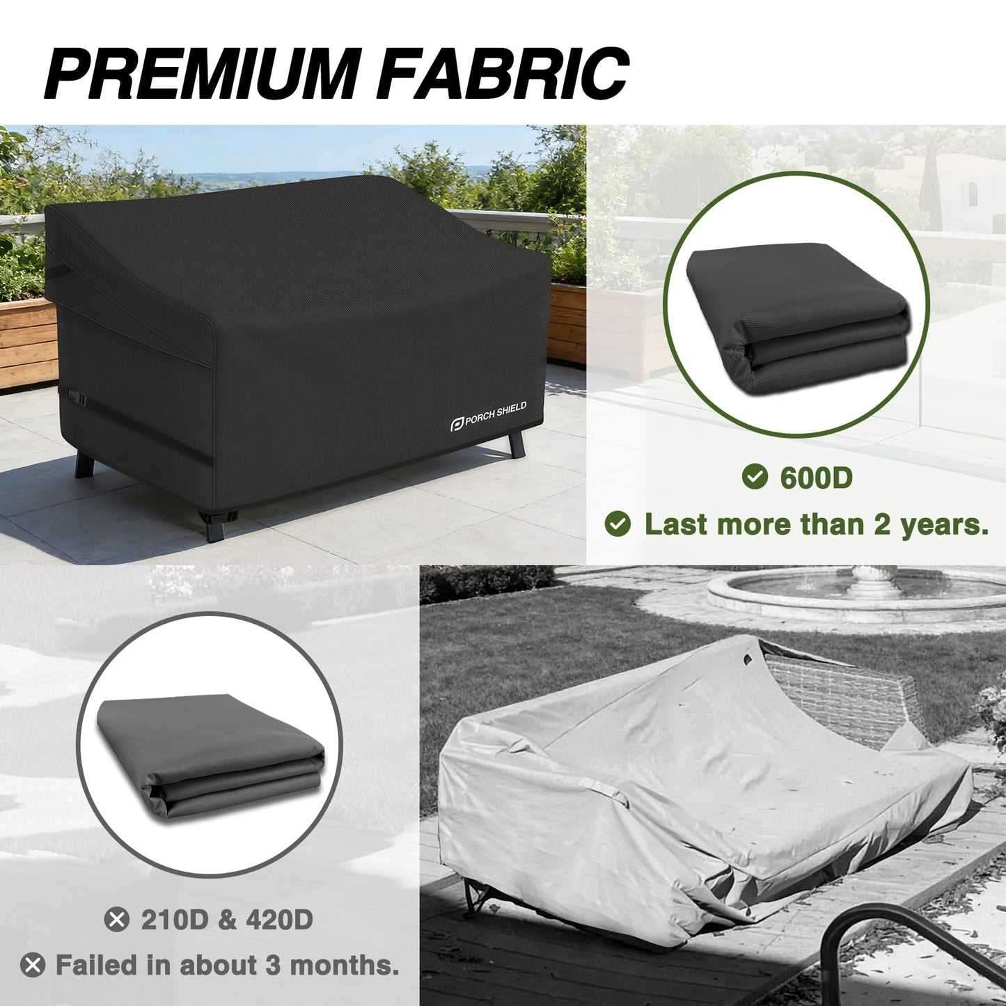 Porch Shield Patio 3-Seater Sofa Cover - Waterproof Outdoor Couch Deep Seat Sofa Cover 86W x 38D x 35H inch, Black
