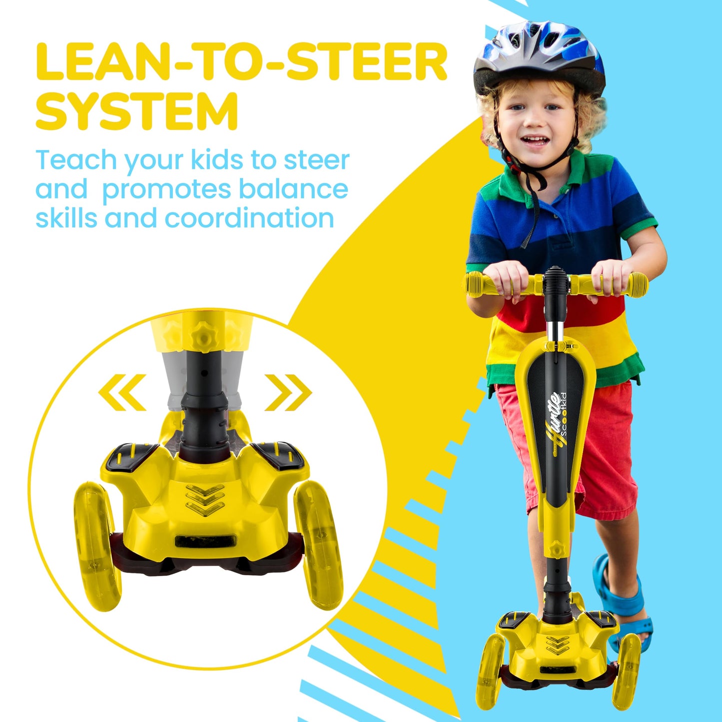Hurtle 3-Wheeled Kids Scooter - Wheel LED Lights, Adjustable Lean-to-Steer Handlebar, and Foldable Seat - Sit or Stand Ride with Brake for Boys and Girls Ages 1-14 Years Old, Yellow
