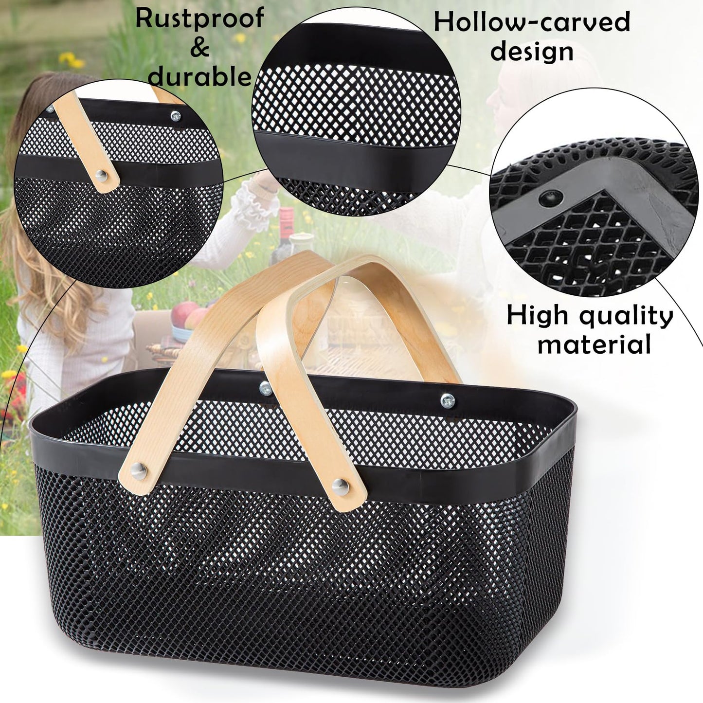 Nexboraque 2 Pack Plastic Picnic Baskets, Mesh Harvest Basket with Foldable Wooden Handle, Rectangle Fruit Vegetable Storage Organizer Bins for Gathering, Kitchen, Pantry, Black