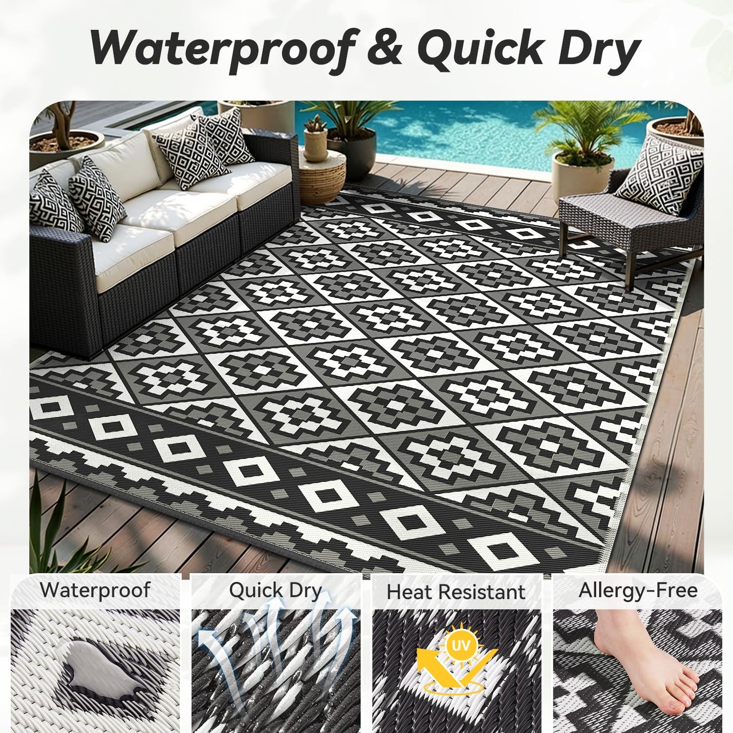 Outdoor Rug-Patio Rug 5X8 Outdoor Carpet Waterproof Reversible Outdoor Rugs Portable RV Mat Plastic Straw Mat for Patio Balcony RV Camping Backyard Picnic