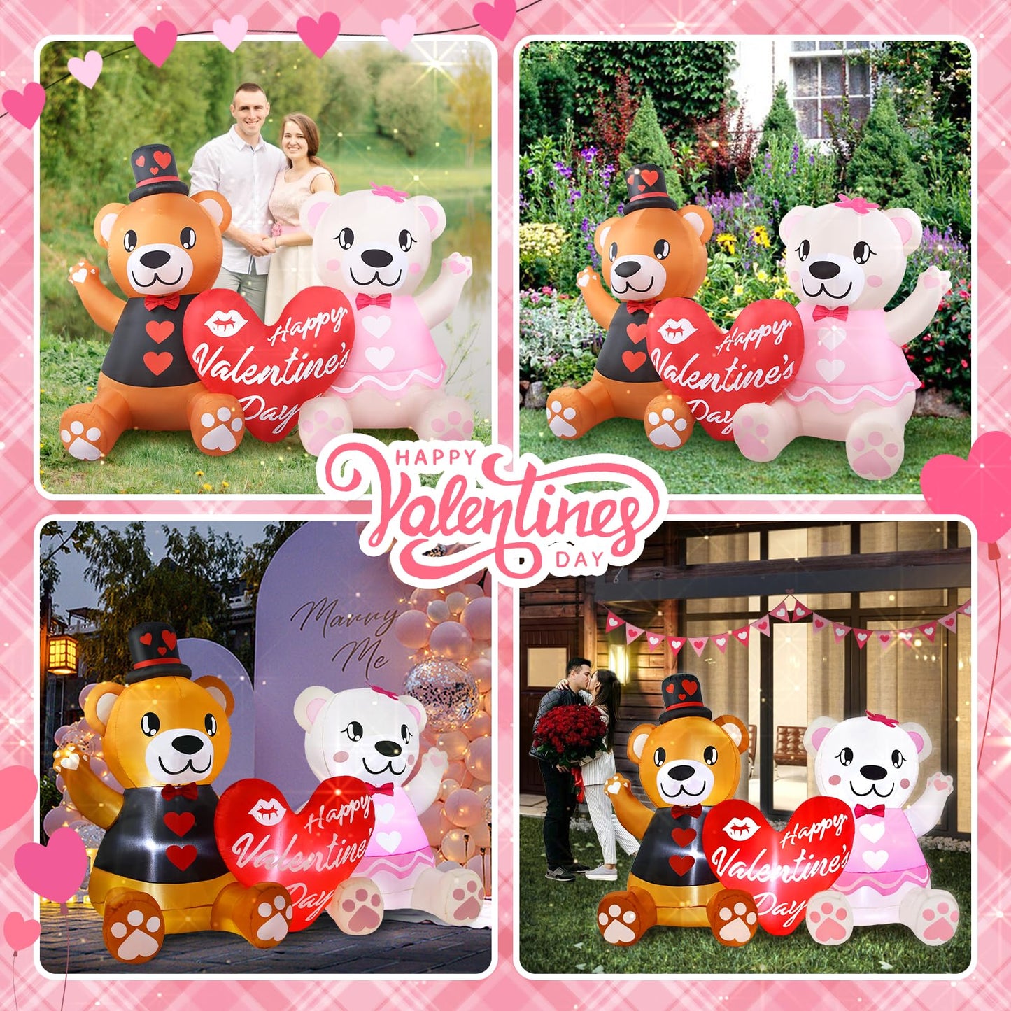 LETIME 5.6 FT Long Inflatable Valentines Day Decorations LED Lighted Blow up Bear Couples with Love Heart Romantic Valentines Inflatables Outdoor Yard Décor for Party Anniversary Wedding Propose