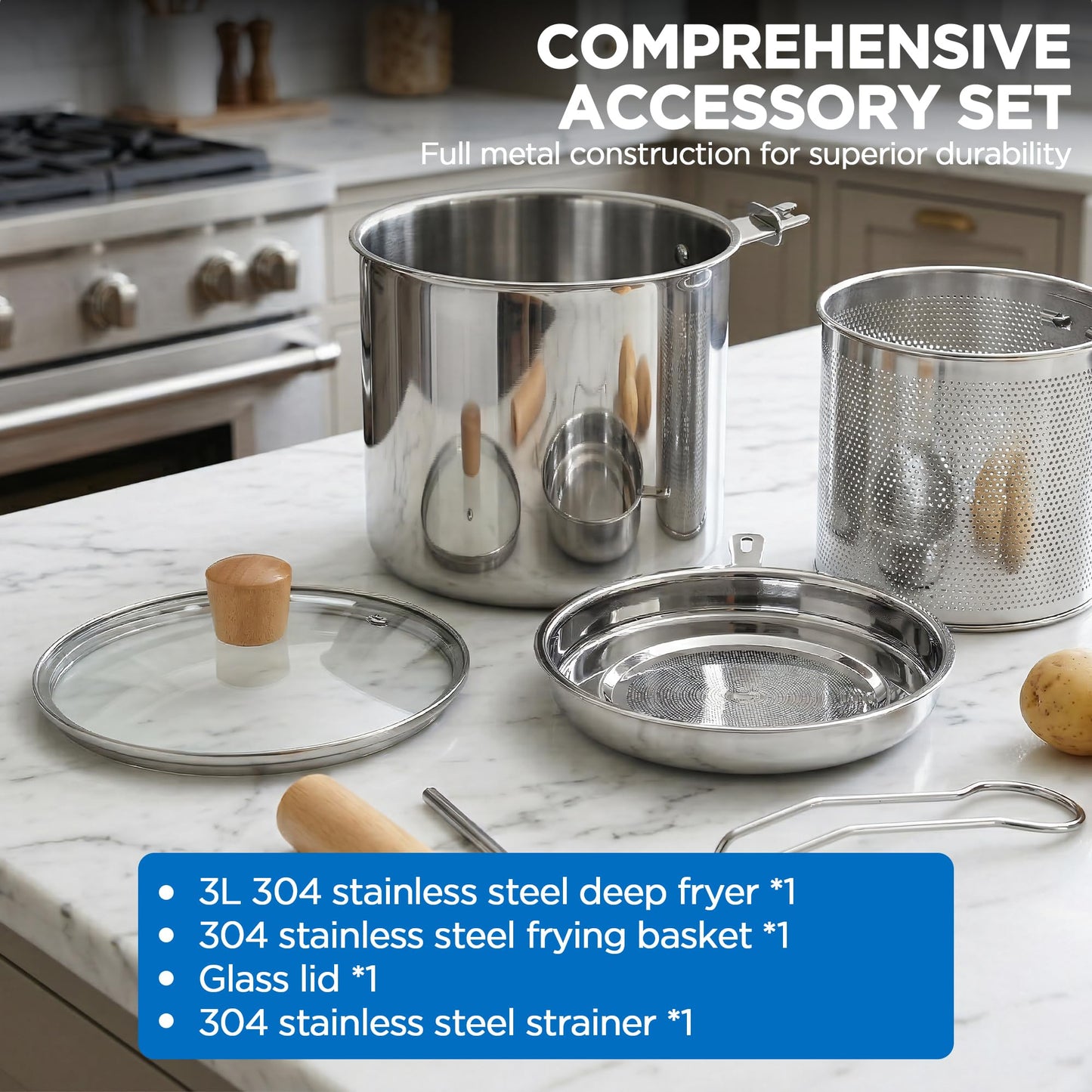 2 in 1 Deep Frying Pot (3L) with Basket, Oil Strainer and Glass Lids, Large 304 Stainless Steel Deep Fryer Cooking Pot, Oil Fryer Bacon Grease Container for Kitchen, Frying, Cooking-Dishwasher Safe