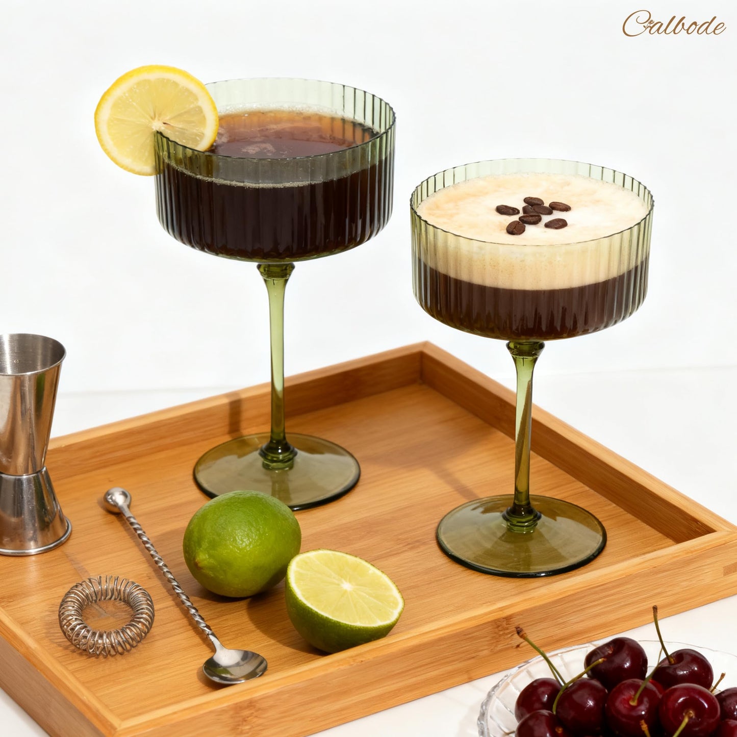 CALBODE 24Pcs Plastic Martini Glasses with Detachable Stems, 10oz Plasitc Ribbed Coupe Glasses Green Vintage Cocktail Glassware Set Toasting Glasses for Party Wedding Anniversary
