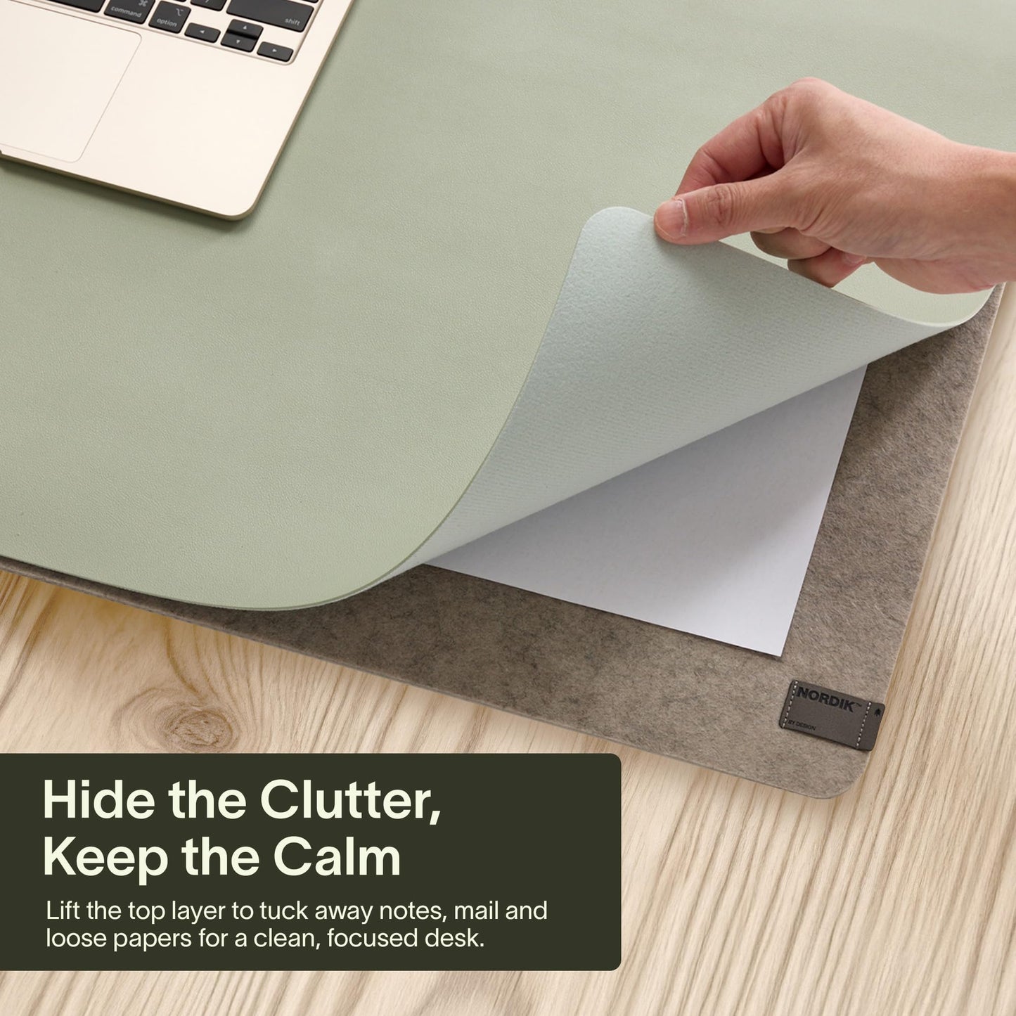 Nordik Felt and Leather Desk Mat - Willow Haze Sage - 89x43cm - Felt and Vegan Leather Desk Blotter with Document Hideaway - Large Computer Mats for Desktop - Ideal Keyboard Mat for Office and Home