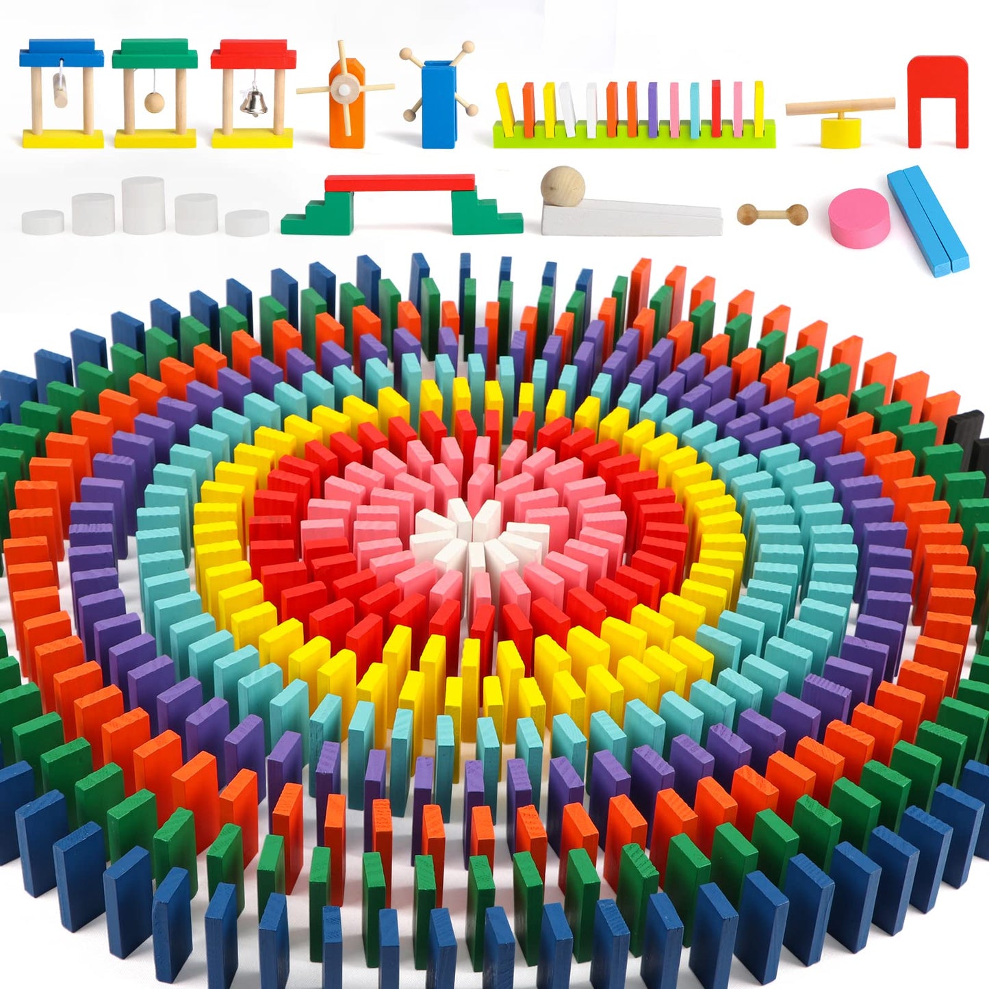 1000 PCS Dominoes Set for Kids Wooden Building Blocks 10 Colors Bulk Dominoes Racing Tile Games Educational Toy for Kids Birthday Party with 26 Add-on Blocks and 1 Storage Bag