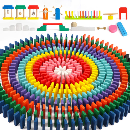 1000 PCS Dominoes Set for Kids Wooden Building Blocks 10 Colors Bulk Dominoes Racing Tile Games Educational Toy for Kids Birthday Party with 26 Add-on Blocks and 1 Storage Bag