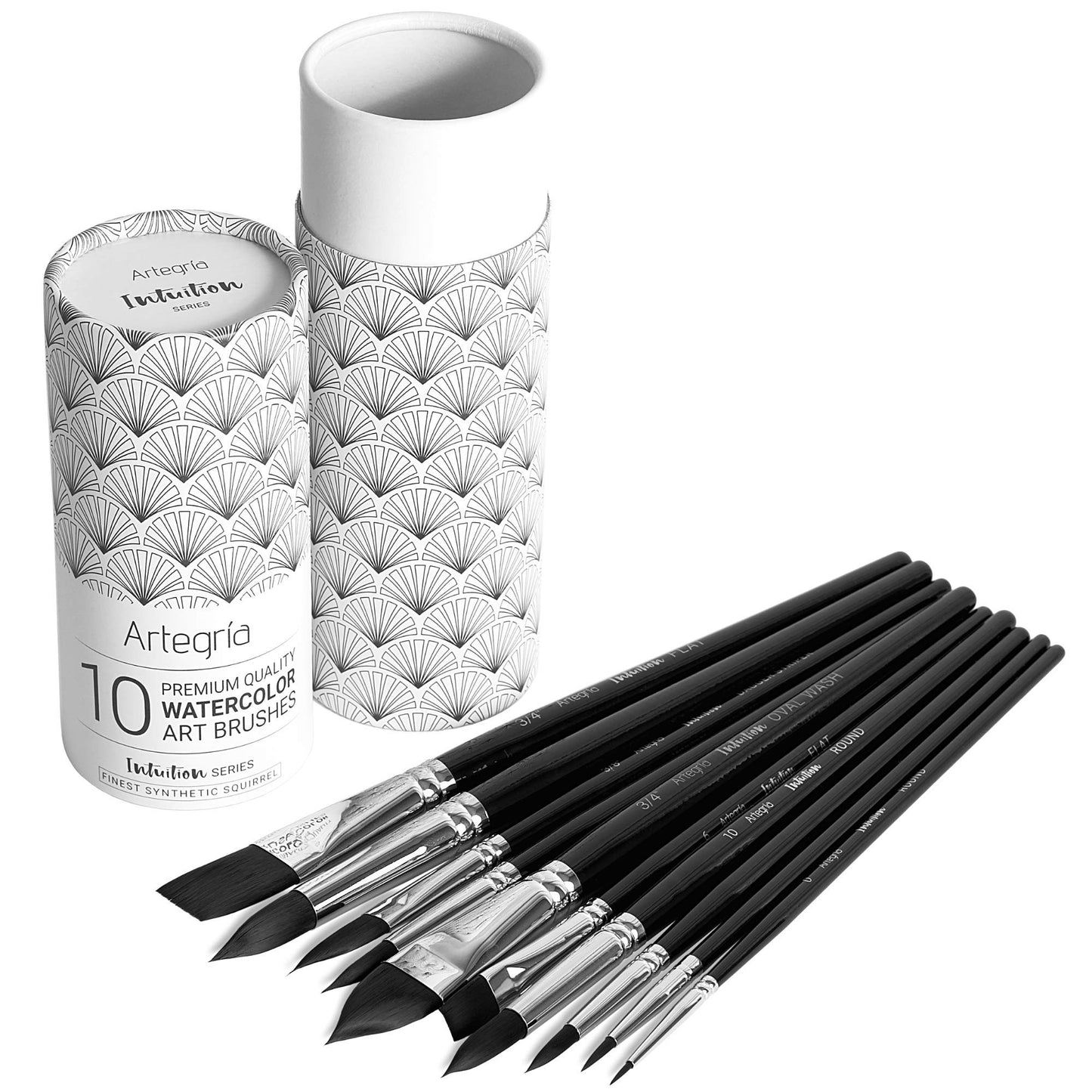 ARTEGRIA Watercolor Brush Set, 10 Soft Synthetic Squirrel Paint Brushes, Including Pointed Rounds, Flats, Dagger, Oval Wash