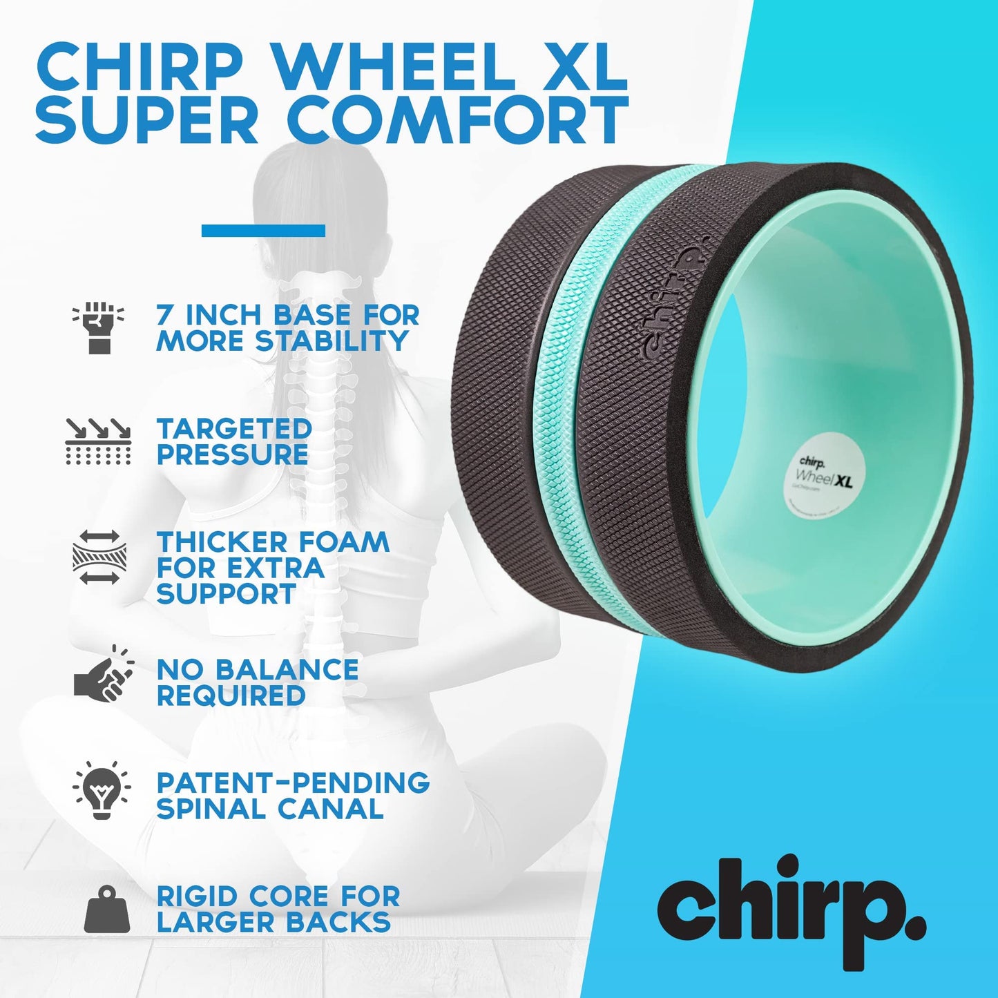 Chirp Wheel XL - Super Comfort Back Massage Roller - Wider Back Stretcher & Cracking Device, Plush Cushion, Enhanced Stability, Spinal Protection, Point Pressure | High Density Foam, Up to 500 lbs