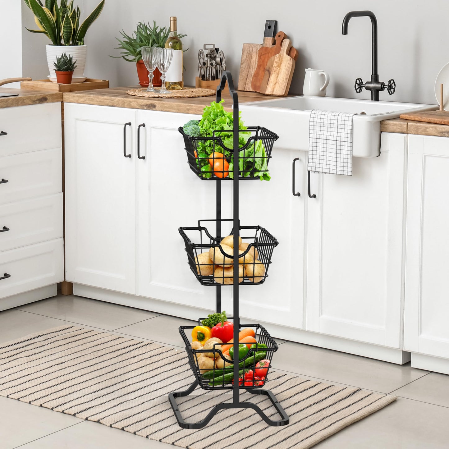 Simple Houseware 3-Tier Rigid Wire Market Fruit Basket Stand Organizer Shelf, Large 45x34x125cm, Black