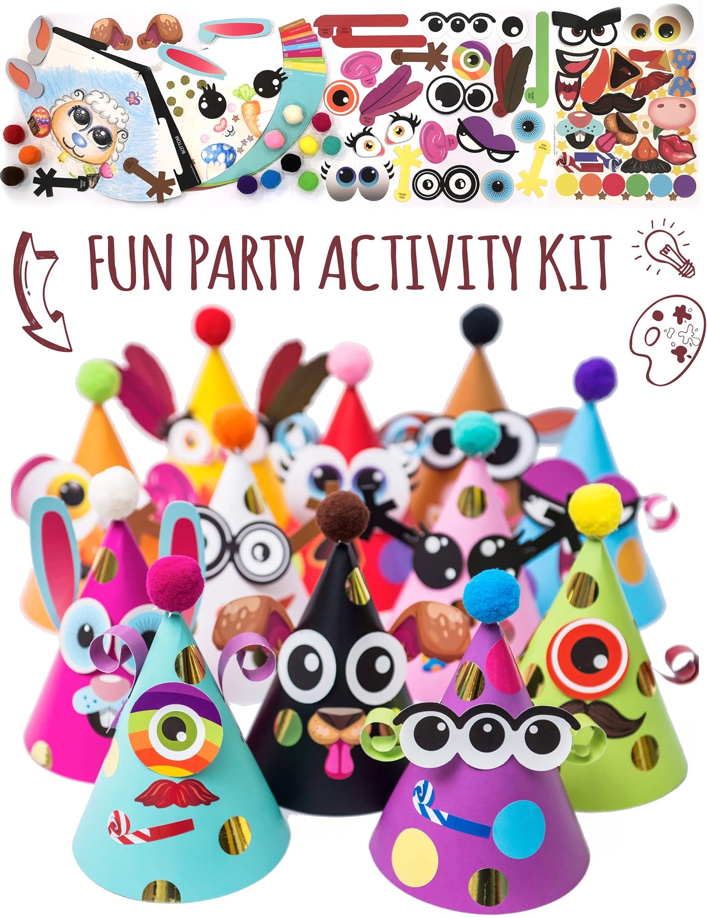 24 Pcs Party Hats Birthday Activity Kit with Stickers. Kids Fun Arts & Crafts, Party Favor, Game Supplies, Christmas Decors
