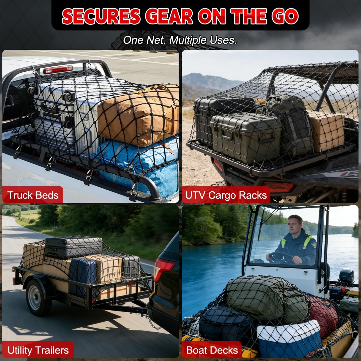 Cargo Net for Truck Bed, Heavy Duty Stretchable Bungee Cargo Net 4x6 ft to 8x12 ft, 5mm Latex-Core Cord, 4"x4" Mesh, 32 Hooks, 2 Extra Bungee Cords, Storage Bag for Pickup Truck SUV Trailer UTV Boat
