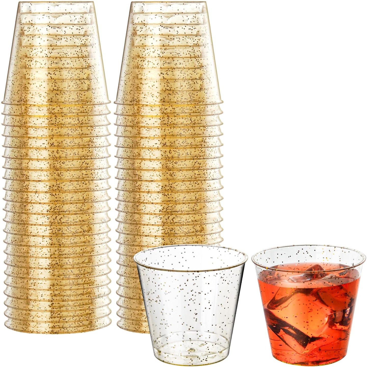 Byvivace [1000 Pack 1oz Shot Glasses Disposable Cups, Gold Glitter Plastic Shot Glasses for Sauces & Dips, Shot Cups Ideal for Tequila, Whiskey, Wine Tasting, Vodka & Liquor