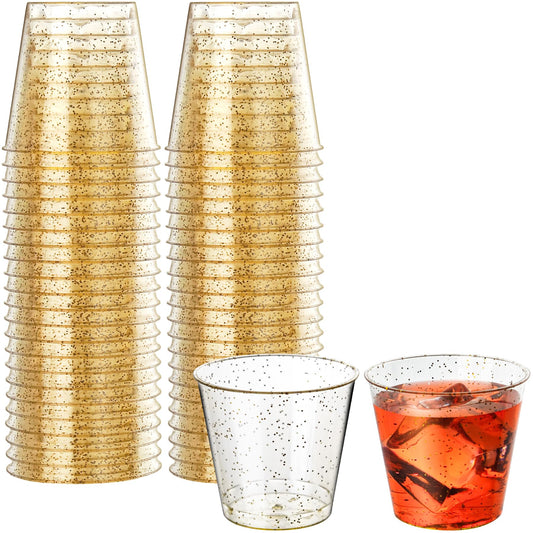 Byvivace [1000 Pack 1oz Shot Glasses Disposable Cups, Gold Glitter Plastic Shot Glasses for Sauces & Dips, Shot Cups Ideal for Tequila, Whiskey, Wine Tasting, Vodka & Liquor