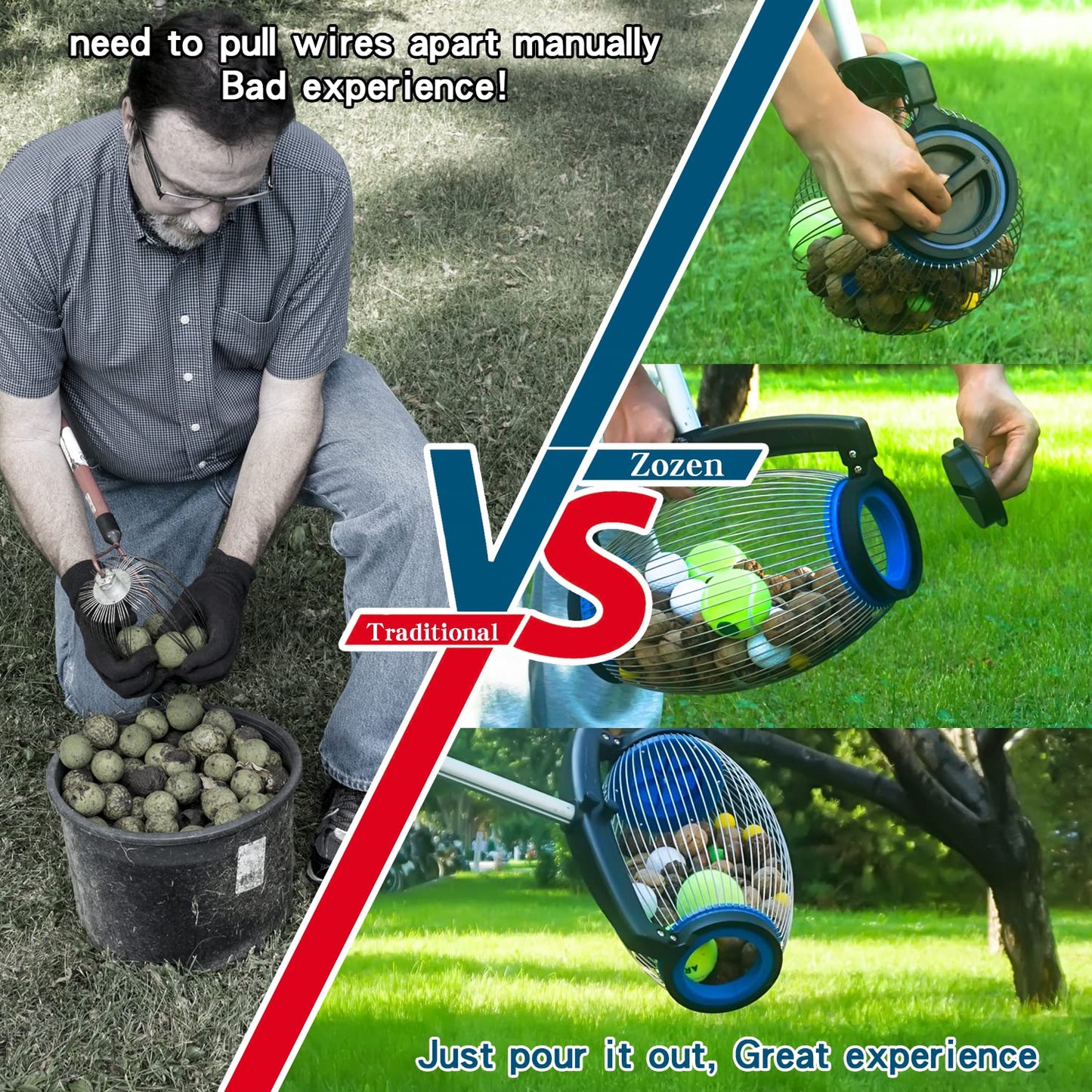 zozen Nut Gatherer,Walnut Picker Upper,Side Opening Dump,Pecan Picker Upper,Apply to Hickory Nuts,Spiked Balls,Chestnuts,Nerf Darts,Golf,Objects 1'' to 2-1/2''; 55inch,1.5 Gallon (Large) Blue