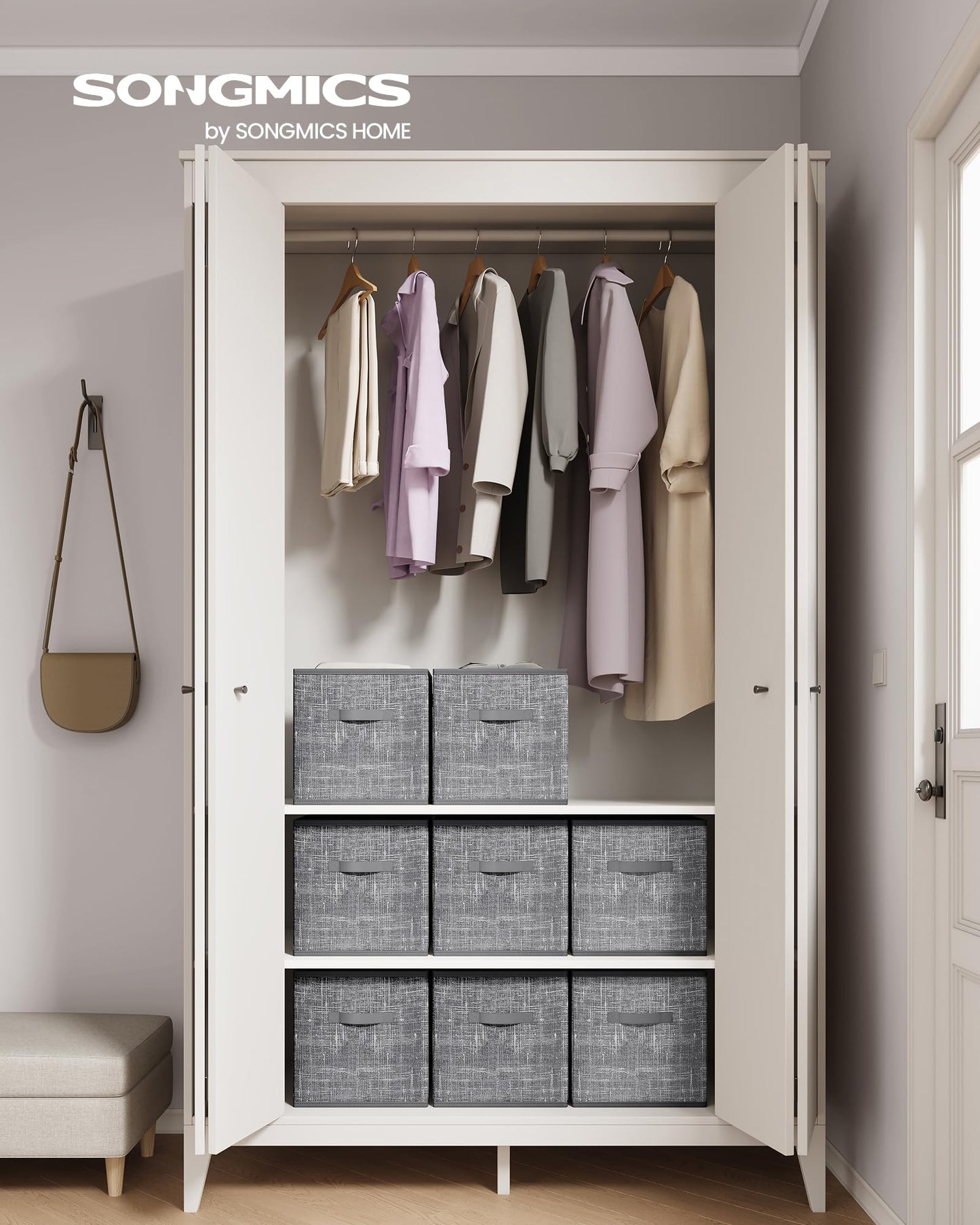SONGMICS Storage Cubes, 33 x 33 x 33 cm Non-Woven Fabric Bins with Double Handles, Set of 8, Closet Organizers for Shelves, Foldable, for Clothes, Cattail Gray UROB833G01