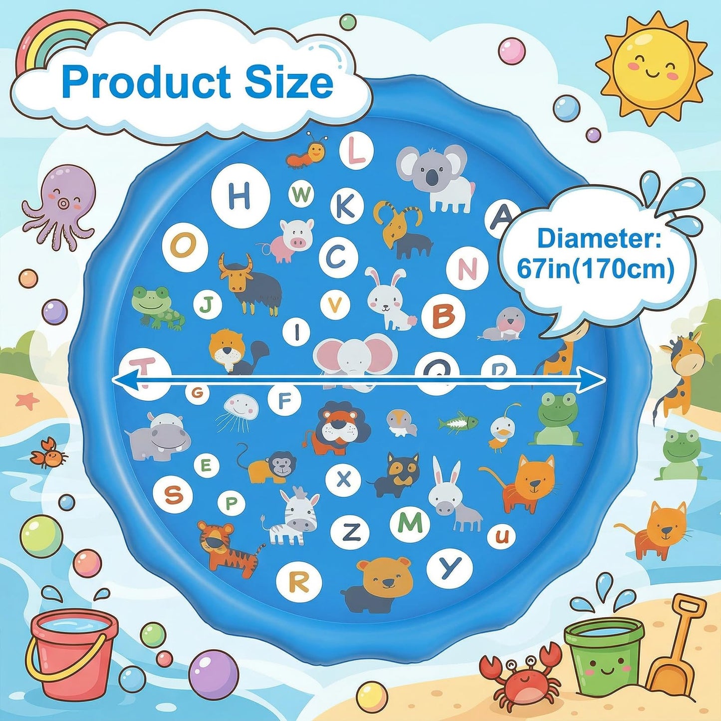 Qoosea Splash Pad for Kids Dog Pool 67" Inflatable Splash Pads for Toddlers 1-3 Summer Outdoor Fun Water Toys Sprinkler Pad Play Mat Shallow Toddler Pool for Baby Boy Children Pet Dog Backyard