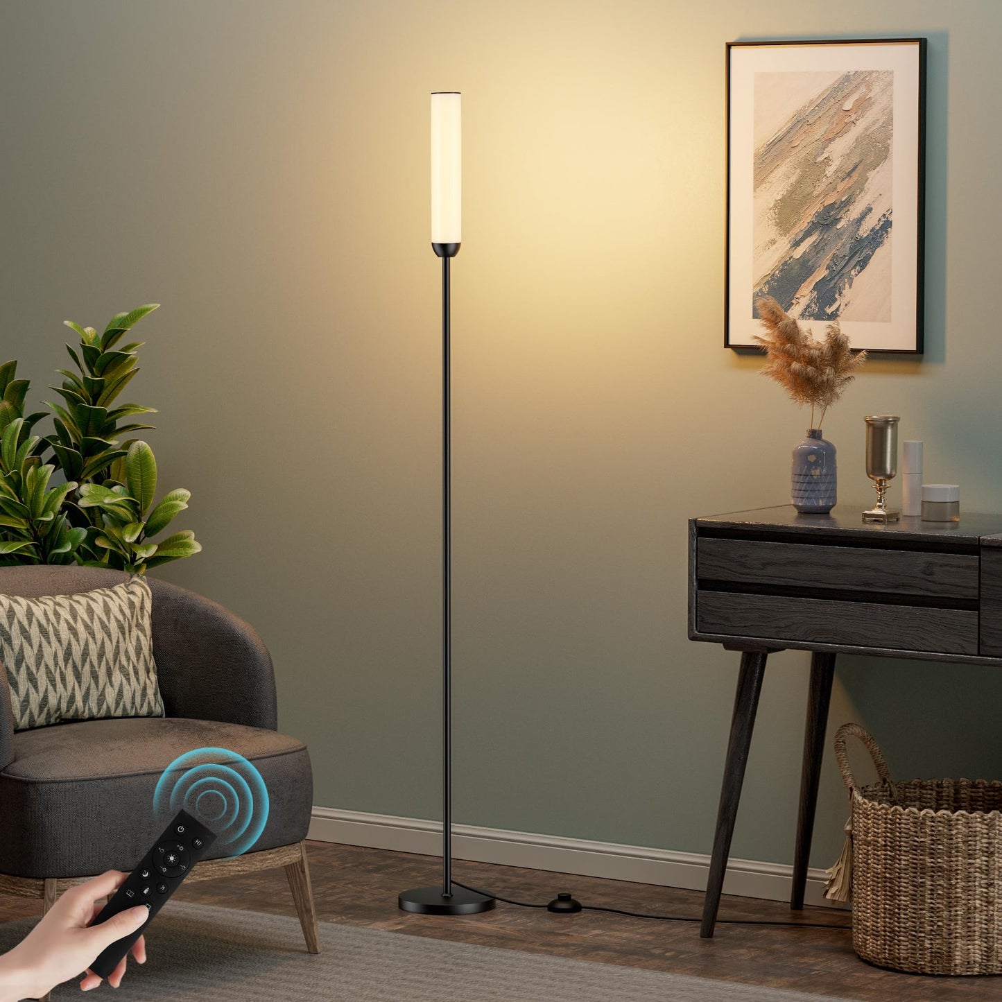 LED Floor Lamp with Remote Control, 65" Standing Lamp with Stepless Adjustable 3000K-6500K Colors & 5%-100% Brightness, Foot Switch(Black)