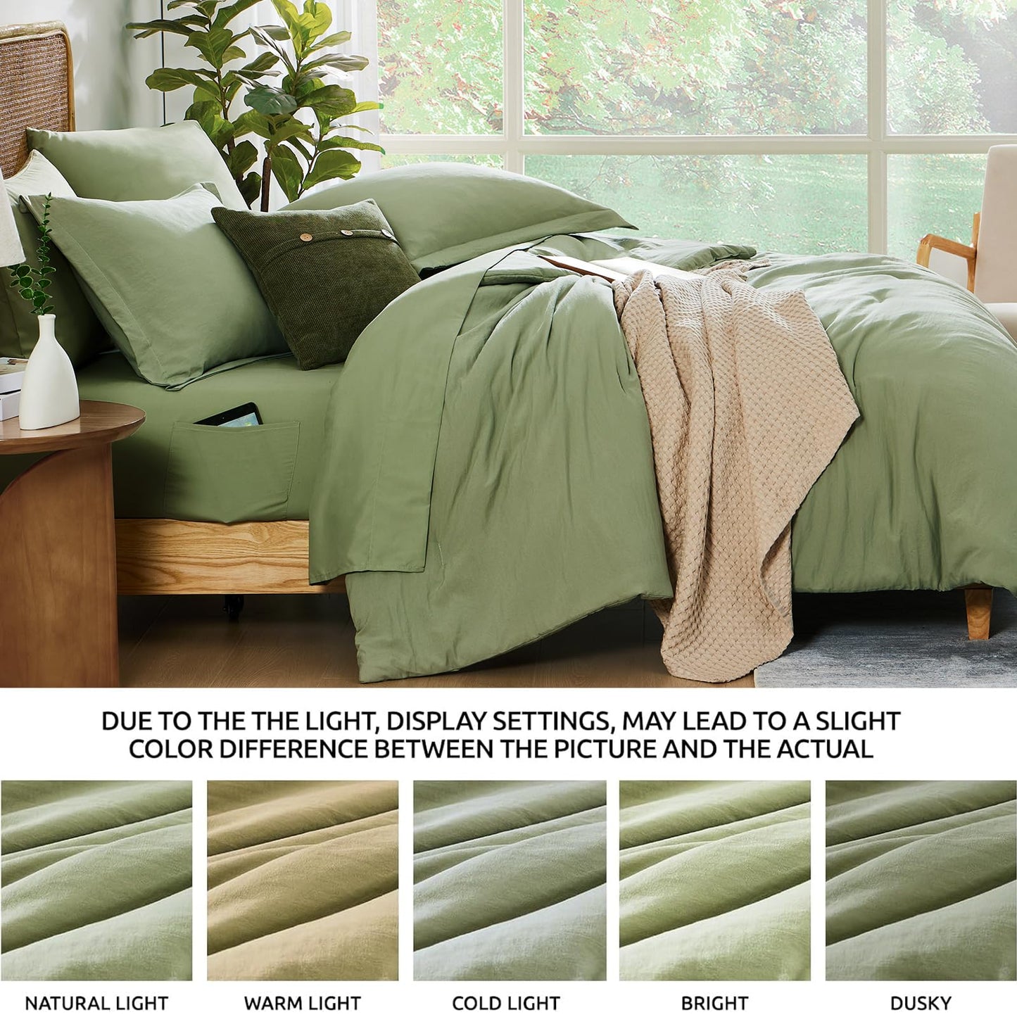WRENSONGE Queen Comforter Set - 7 Pieces Sage Green Soft Bed in a Bag Queen with Fitted Sheet, Flat Sheet, 2 Pillow Shams, and 2 Pillowcases- Warm Bedding Sets for All Season