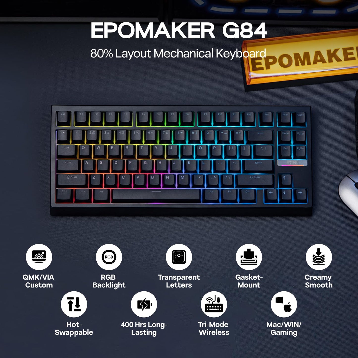 EPOMAKER G84 80% RGB Gaming Mechanical Keyboard, 2.4GHz/ Type-C/BT Wireless Keyboard, QMK/VIA Programmable, Hot-Swappable, NKRO, with Shine Through PBT Keycaps for Gamers (Black, Clear Switch)