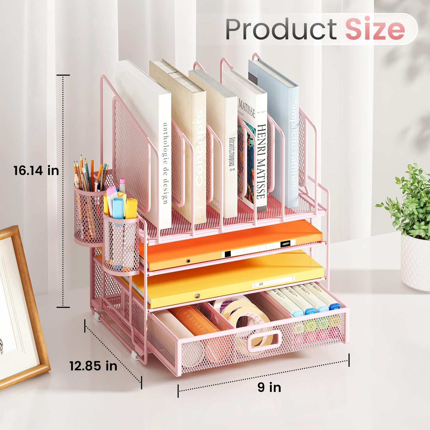 Marbrasse Desk organizer, 4 Tier Mesh File Organizer with 5 Vertical File Holders, Workspace Organizers with Drawer and 2 Pen Holders, Desk Storage for Office, School, Home (Pink)