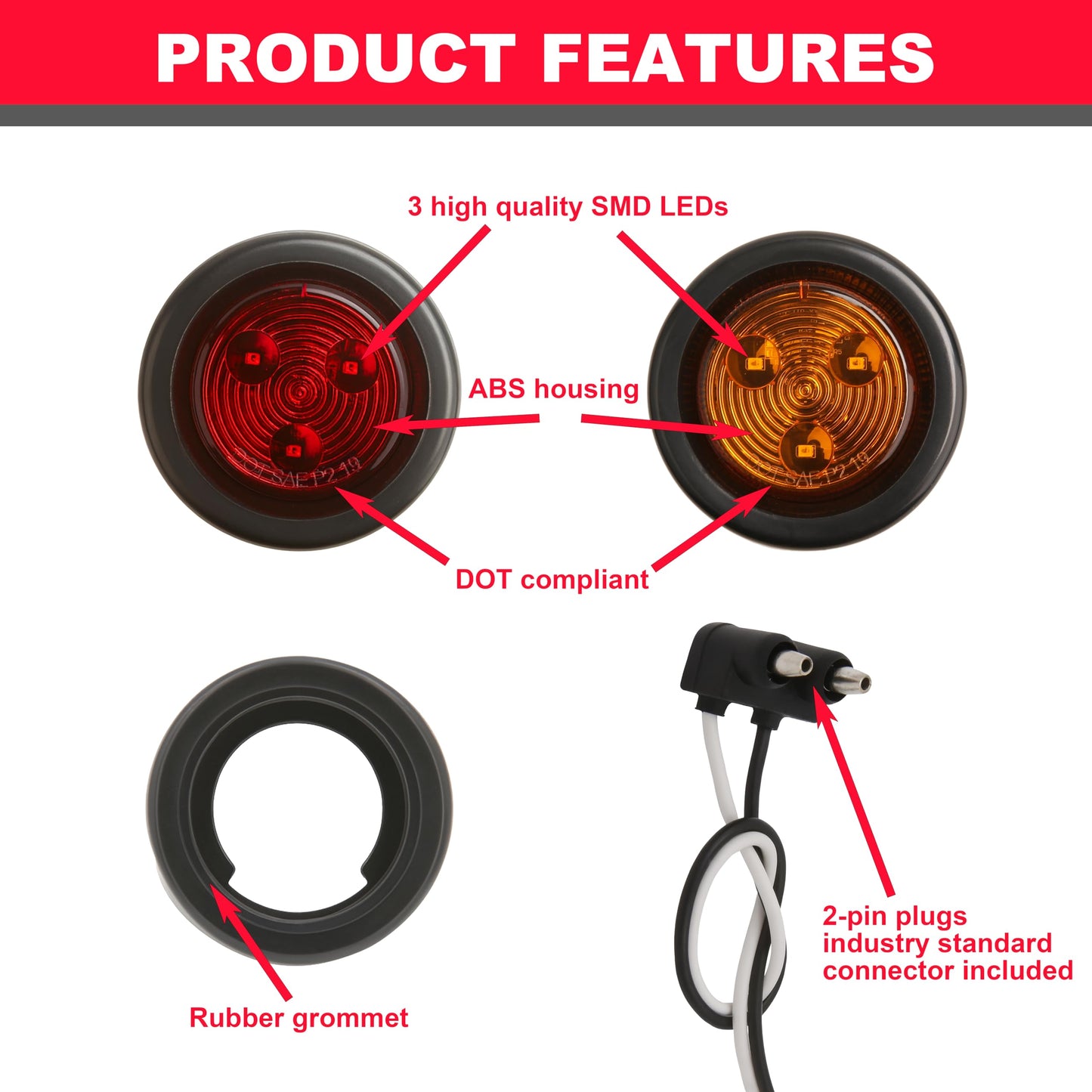 PEAKTOW Round LED 2 Inches 12V Submersible Clearance Marker Tail Brake Stop Lights for Car Truck Van Trailer RV Boat Including Grommets and Plugs Pack of 8 (4pcs Amber + 4pcs Red)