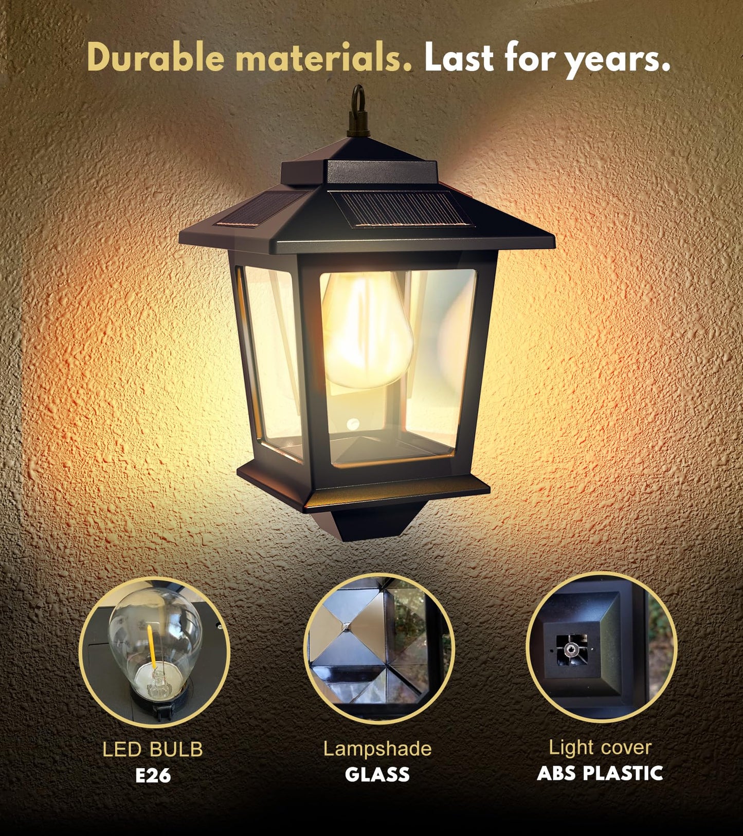 PASAMIC 2 Pack Solar Wall Lanterns with Replaceable Bulb, Outdoor Hanging Solar Lights with 4 Solar Panels, Dusk to Dawn Led Outdoor Wall Sconce, Anti-Rust Waterproof Wall Lanterns with Hooks