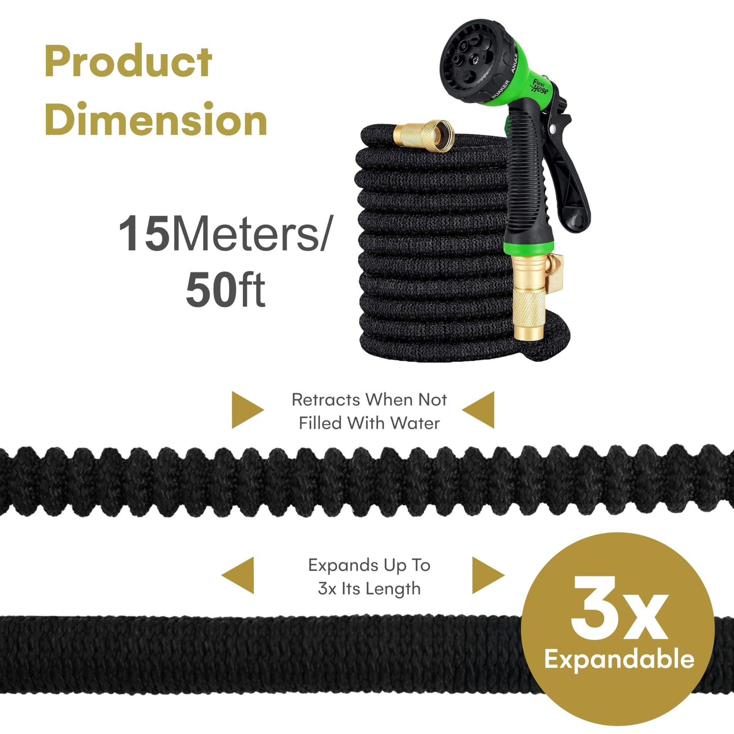 Flexi Hose with 8 Function Nozzle Expandable Garden Hose, Lightweight & No-Kink Flexible Garden Hose, 3/4 inch Solid Brass Fittings and Double Latex Core, 50 ft Black