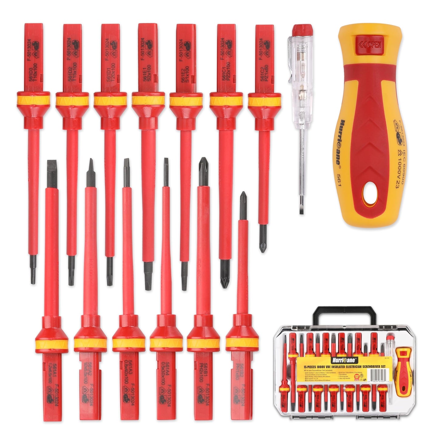 HURRICANE 1000V Insulated Screwdriver Set, 15 Piecse Professional Insulated Electrician Screwdriver Set, CR-V Magnetic Tips, Square(Robertson) Phillips Slotted Pozi Torx Insulated Electrician Tool Kit