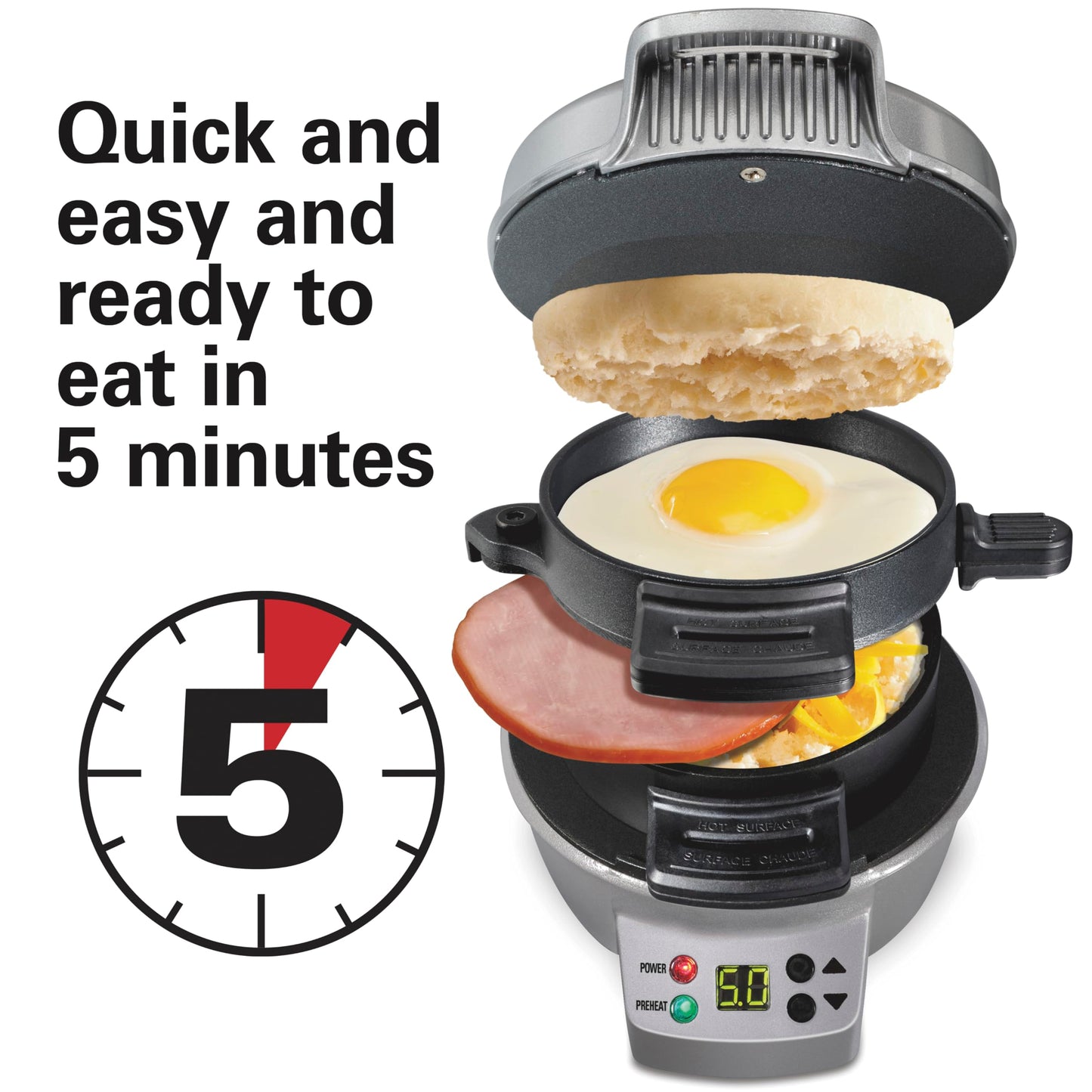 Hamilton Beach Breakfast Sandwich Maker with Egg Cooker Ring, Customize Ingredients, Perfect for English Muffins, Croissants, Mini Waffles, Perfect White Elephant Gifts, Silver (25478RC)